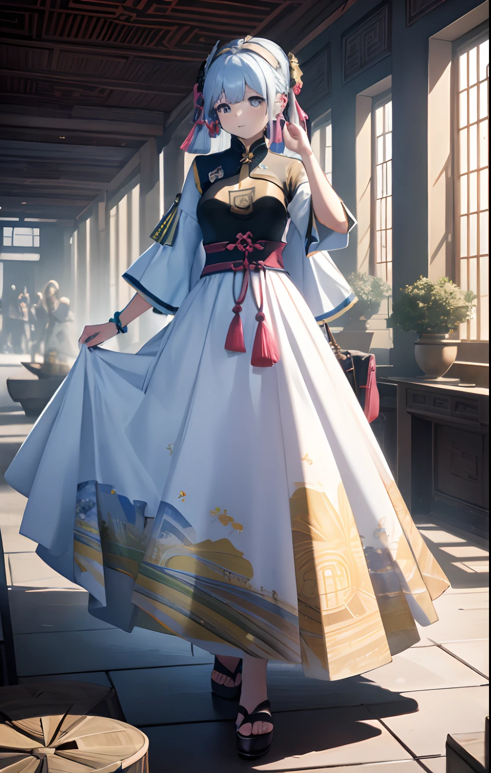 best qualityer,tmasterpiece,Ultimate resolution,downy,Extremely colorful,Colorful,Oasis background,Chinese woman,cabelos preto e longos,a matural female,A long white dress in the style of an ancient building,a white long skirt,Treading water,Yellow River,Normal posture