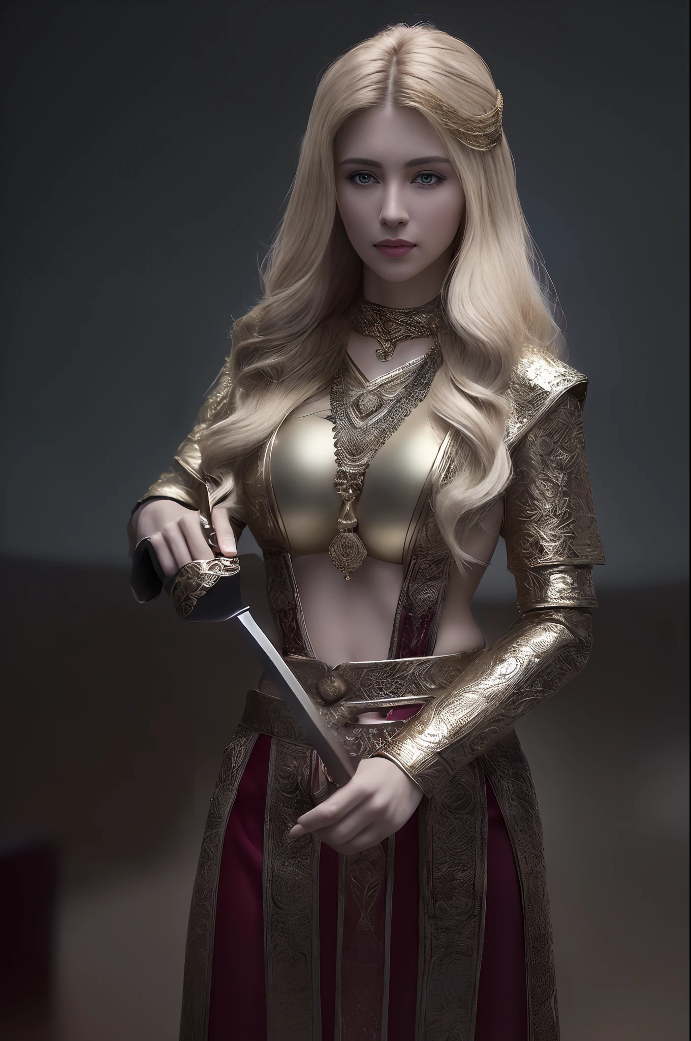 (full body shot)a East European woman, luminous design, masterpiece, best quality, extremely detailed 8k, ultra hd, ultra-detailed, highly detailed, highly realistic, (ultra-realistic), hyperrealistic, Real life style, (((top quality, masterpiece: 1.3)), 1girl, athletic body showing body and perfect to viewer, , big , blonde hair, big smile, wearing ottaman gold jewellery, Kurulus warrior outfit, battle ready, ottoman dagger in hand, highest details, highest quality, 8k resolution, precise details, ultra realistic quality(cinematic:1.5)(Top Quality, 8k, 32k, Masterpiece, UHD: 1.3)