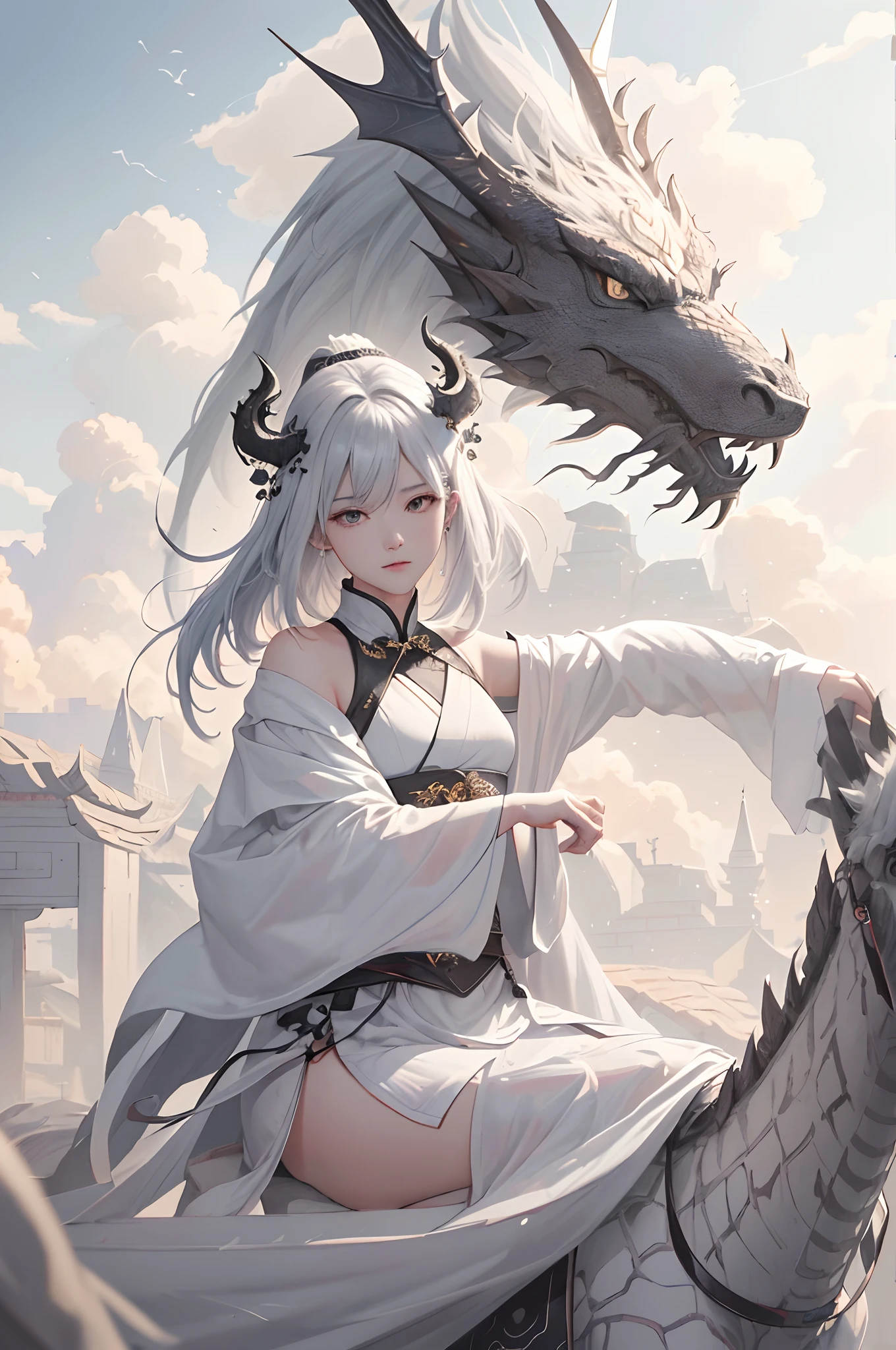 Black Dragon、Black Dragon、Beautiful fece、clouds、Fly through the sky aboard a black dragon、 Art Station, Volume Lighting, extra detailed face, 4k wallpaper, silver-haired girl, Short straight hair, Dynamic perspective,Traditional Chinese Ink Painting, Surrounded by Clouds and Mist, myst, Black Dragon、Ride Dragon Head, Moon Night