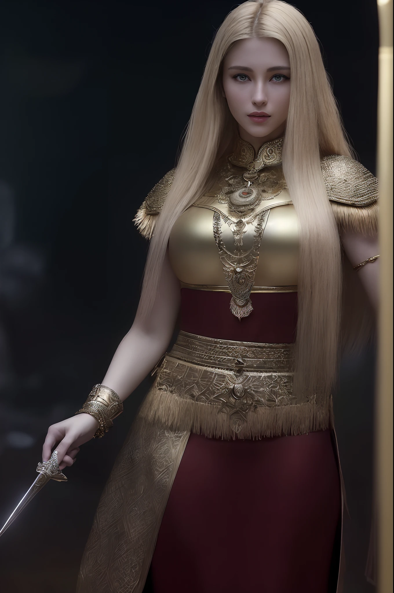 (full body shot)a East European woman, luminous design, masterpiece, best quality, extremely detailed 8k, ultra hd, ultra-detailed, highly detailed, highly realistic, (ultra-realistic), hyperrealistic, Real life style, (((top quality, masterpiece: 1.3)), 1girl, athletic body showing body and perfect to viewer, , big , blonde hair, big smile, wearing ottaman gold jewellery, Kurulus warrior outfit, battle ready, ottoman dagger in hand, highest details, highest quality, 8k resolution, precise details, ultra realistic quality(cinematic:1.5)(Top Quality, 8k, 32k, Masterpiece, UHD: 1.3)