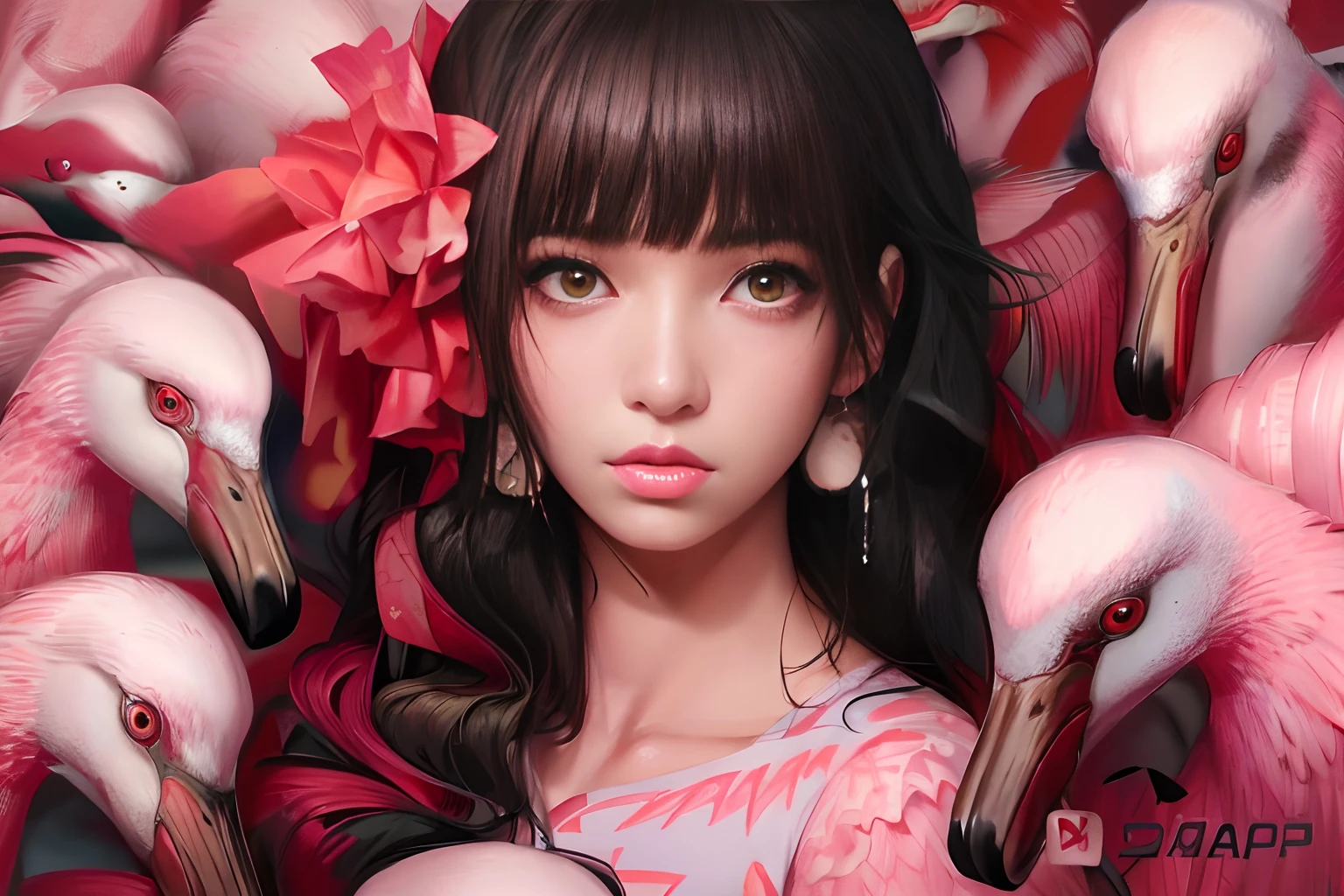 （A woman who is，dark brown  hair，She wears a bouquet of pink tie flowers on her head，The face is flushed，grin face，The corners of the mouth are raised，The eyes are laughing：1.7），Very affinity,（A flock of flamingos，Pink beak，White feathers：1.5），（White feathers，Yellow-eyed flamingos：1.8）， Guvez style, Kawaii realistic portrait, trending on cgstation, guweiz masterpiece, Beautiful digital illustration,mood light，cinmatic lighting，gouache painting，Pure lust