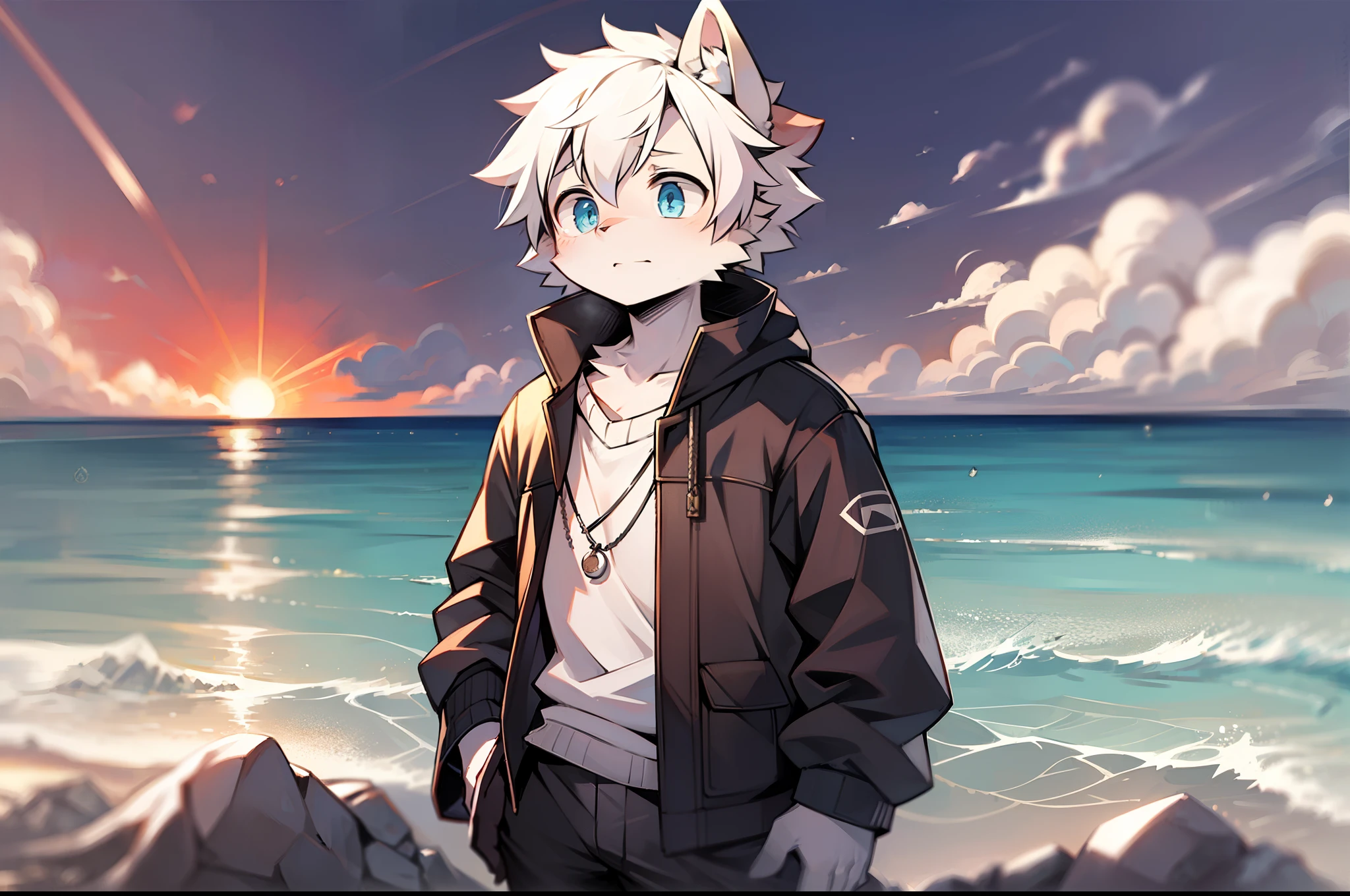 author:Jrjresq, author:Kirito,Libido boy,furry wolf,((Shota)), Black and white hair, Very good figure, Handsome,adolable, Light:Hazy light and shadow, Reflective skin,Reddish skin,((worn-out clothing,Commoner)) ,((beachside,standing on the rock,sandbeach)),Outdoor sunset,((the detail)),(depth of fields),((Libido boy,Shota))