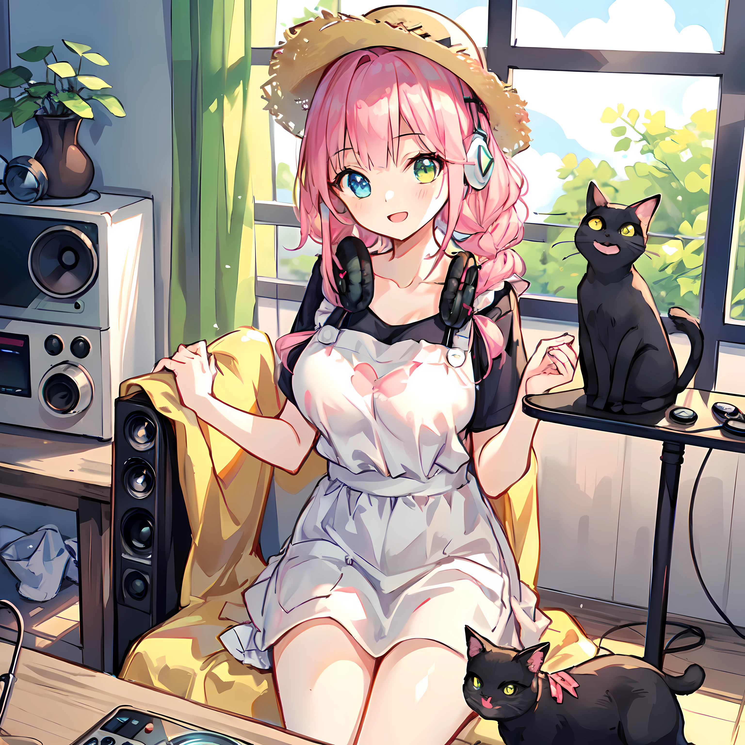 (Very detailed CG Unity 8K wallpaper), (Best Quality), (Super Detail), (Best Illustration), (Best Shadow), POV, Realistic lighting and shading, Natural light, Lens flare effect, BREAK, 1 beautiful girl, Solo,(Cute:1.5),(Chibi:0.8), (kawaii:1.5),(Lori:0.5), BREAK, ( (17 years old girl), Very detailed, colourfull, highest details, BREAK, (Huge breasts: 1. 2,), Clear skin, Beautiful skin, Shy skin, 1 beautiful girl,{Heterochromia,pale blue eyes,pale green eyes:1.5}, star eye silhouette, Break HA , (A pink-haired, Medium length:1.2),(Braided hairstyle:1.1),(Large breasts:1. 5), (long eyelashes, Double eyelids: 1. 2), Solo, gleaming skin, BREAK,(White Plain T-Shirt:1.2), (:D:1.2), (Yellow Long Skirt,Black cat and apron :1.1), (pumps:1.1),(Straw hat with ribbon:1.3),BREAK,(radio, Radio Room, 1 Headphones,inside in room:1.5),Angle from the front, {{strong light coming in}},,,breasts up,Sitting on a pipe chair