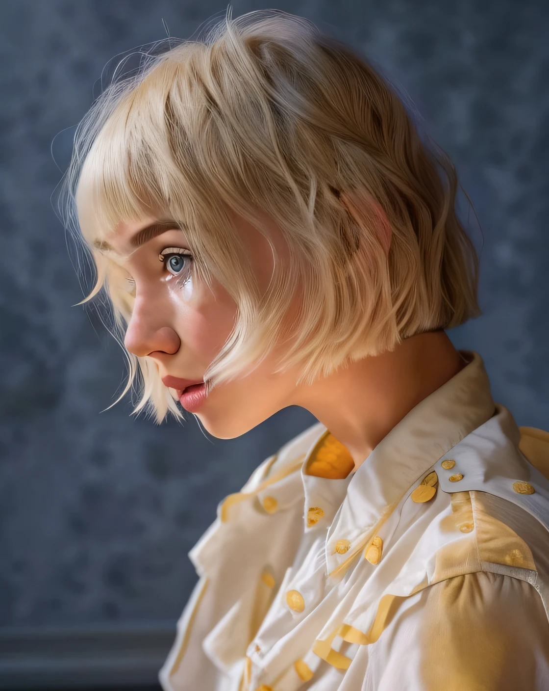 a close up of a woman with a short blond haircut, eva elfie, side portrait of imogen poots, girl with short white hair, billie eilish, short blonde hair with bangs, white french bob hairstyle, imogen poots, white french bob, pale hair, imogen poots as holy paladin, imogen poots d&d paladin