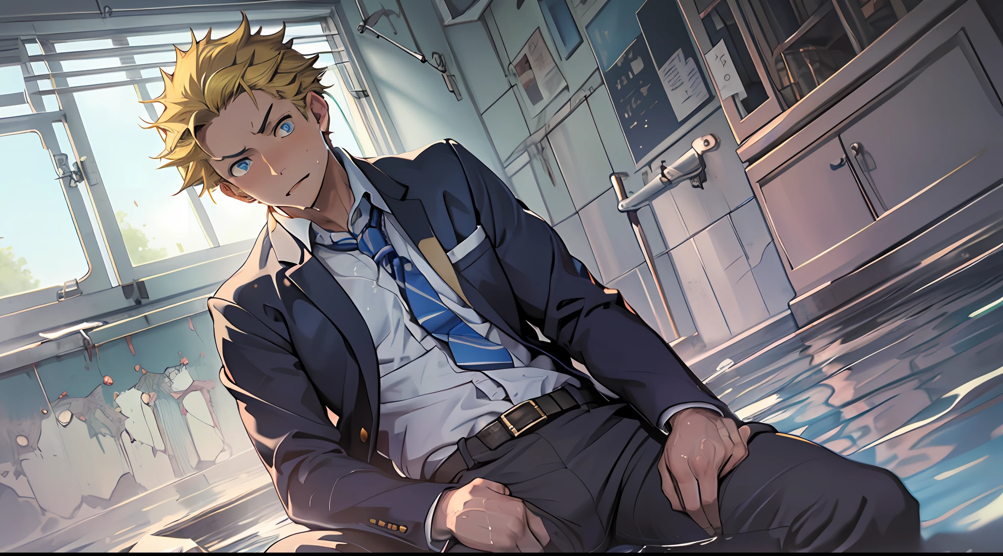 (1 Adult male),A high resolution, Sharp focus, Pixiv masterpiece, ((Complicated details)), highly detailed, natsuki_subaru, 1 man,perfect male figure,Urine on the trouser leg, Nervously bow your head,is shy,embarressed,exhilarated,is shocked,panicking,worry,A pool of urine formed around him,Very eager to pee,Unbearable,Wet yourself,Urine discharge,full bodyesbian,sit astride,Tired,decadent, blue color eyes(eyes glowing), Short yellow hair,white shirt,Wear a tie,Wear a belt,trousers,perspire,Drenched,Get wet,pissing,urine flows down the pants,look from down