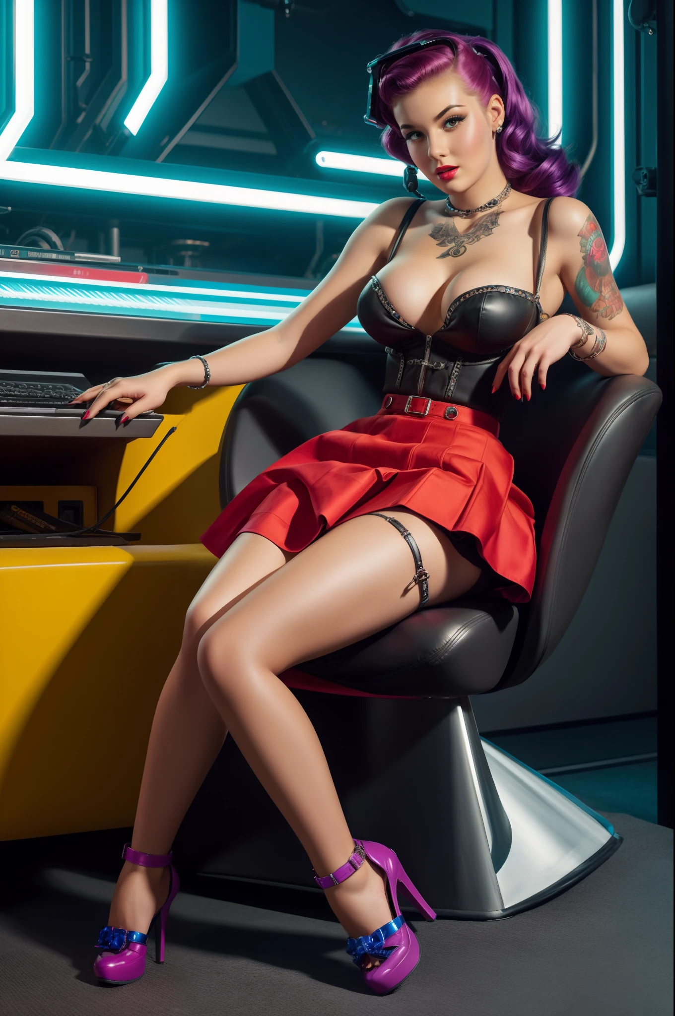 20 years old girl sitting on the chair, cyber punkstyle, furtureistic, pin up style,sexy, surprised, up skirt, flowing skirt, colorful , masterpieces, illustrated,