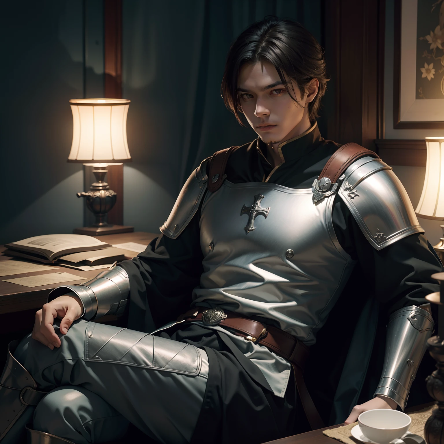 knight-errant,swordsman,Sit cross-legged,Pleasant look,cozy environment