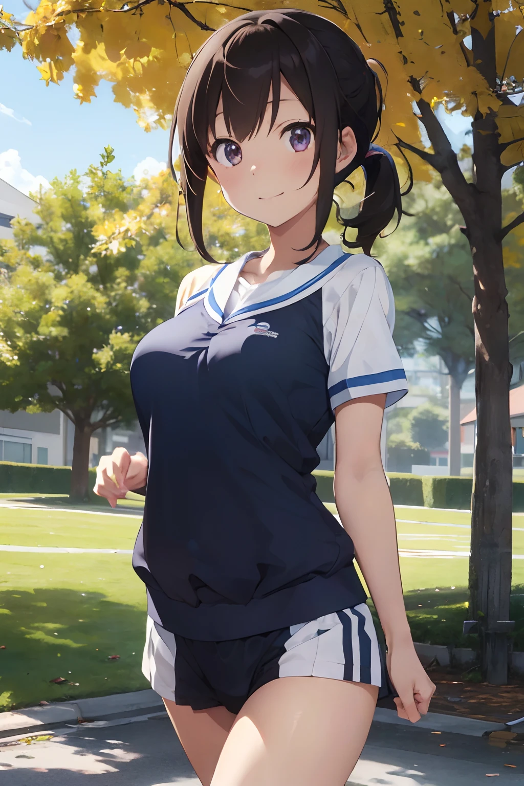 masutepiece, Best Quality, 8K_Wallpaper, (Beautiful eyes), ((Cute)), Cute, (lovely), (Park on a sunny day),1girl in,small tits,1 schoolgirl,Standing Girl,Smile,facial close-up、portlate(((Doing a marathon)))、(((Jogging)))、((Athletics uniforms))