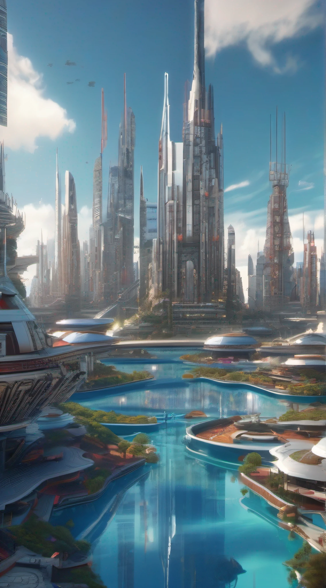 Orthographic Futuristic city at daytime, intricate details, vibrant, blue sky, metallic buildings. art by TsutomuNihei, JohnBerkey and ChrisFoss. UHD, 4k, Redshift render