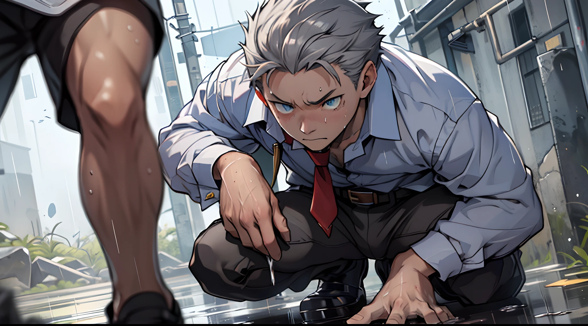 (1 Adult male),A high resolution, Sharp focus, Pixiv masterpiece, ((Complicated details)), highly detailed, natsuki_subaru, 1 man,Defeat, crestfallen,full bodyesbian,kneels on the ground, Sweaty crotch,Pee on the legs,pissing,Urine runs down the thighs,embarressed,exhilarated,is shocked,panicking,worry,A small puddle of their own urine forms around the feet,Urine runs down the crotch,Drenched,rain,The shirt is soaked,(A gesture of pleading),blue color eyes(eyes glowing), Short gray hair,white shirt,Wear a tie,Wear a belt,perspire,look from down