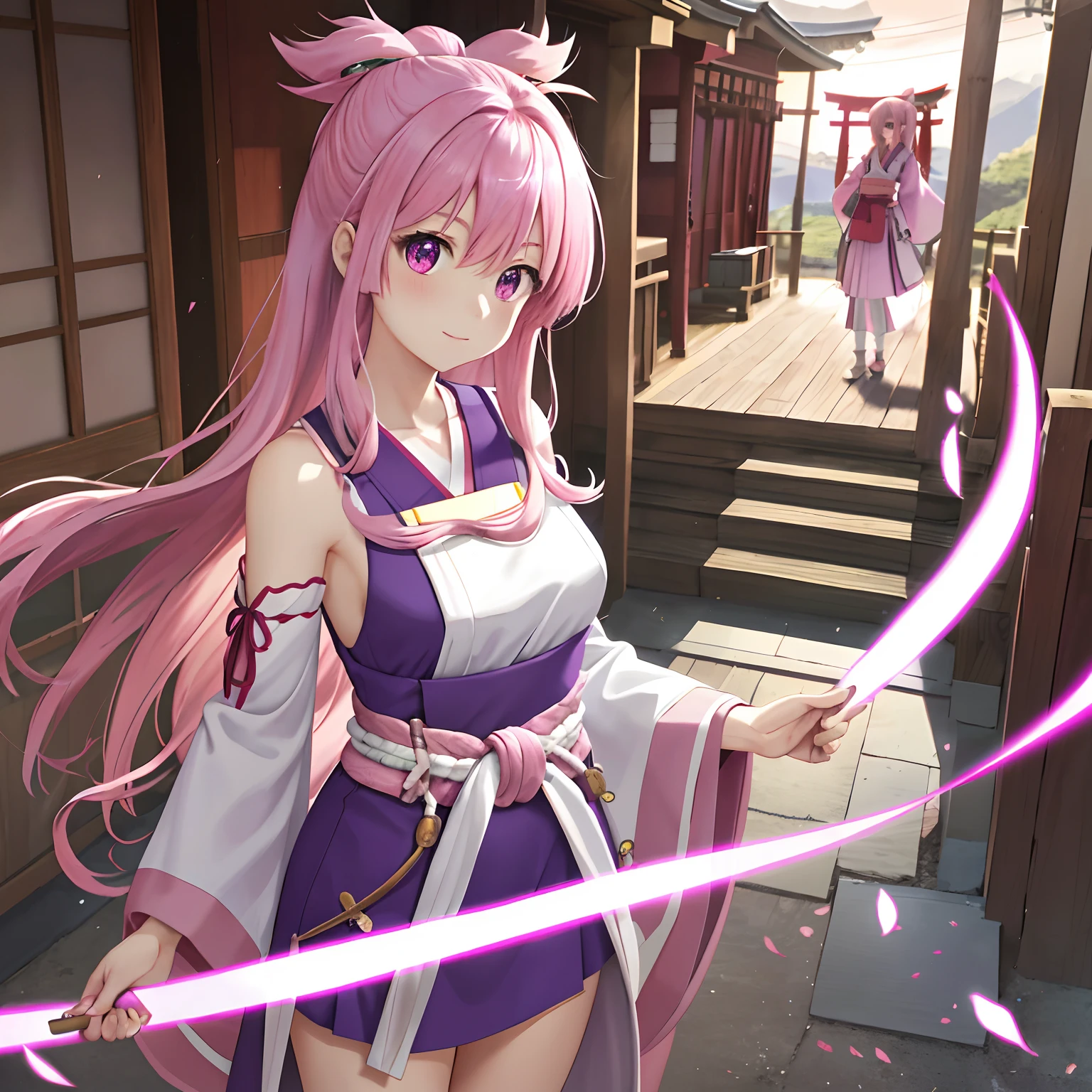 Realistis, 1girll, with pink hair, a purple eye, shrine maiden,shrine maiden,Realiy,realisticlying,Witch clothes, Bigchest,Mid-chest Thin waist,Clothes fit closely,Non-traditional witches, light particules, llight rays, Wallpapers,