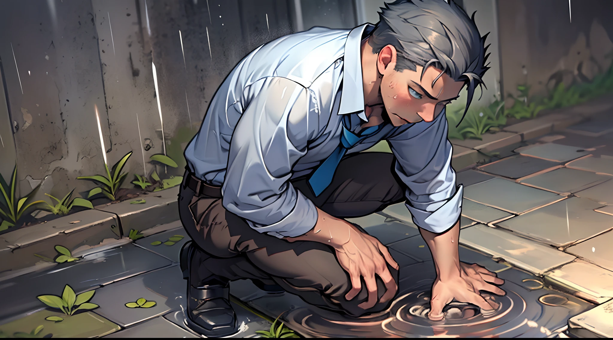 (1 Adult male),A high resolution, Sharp focus, Pixiv masterpiece, ((Complicated details)), highly detailed, natsuki_subaru,Multi-view upper body,Suit pants view, 1 man,is shy,Pee on the legs,pissing,Urine runs down the thighs,embarressed,exhilarated,is shocked,panicking,worry,A small puddle of their own urine forms around the feet,full bodyesbian,kneels on the ground,Very eager to pee,It's uncomfortable,Wet yourself,Urine discharge, Sweaty crotch,Drenched,rain,The shirt is soaked,(A gesture of pleading),blue color eyes(eyes glowing), Short gray hair,white shirt,Wear a tie,Wear a belt,Black suit trousers,perspire,look from down
