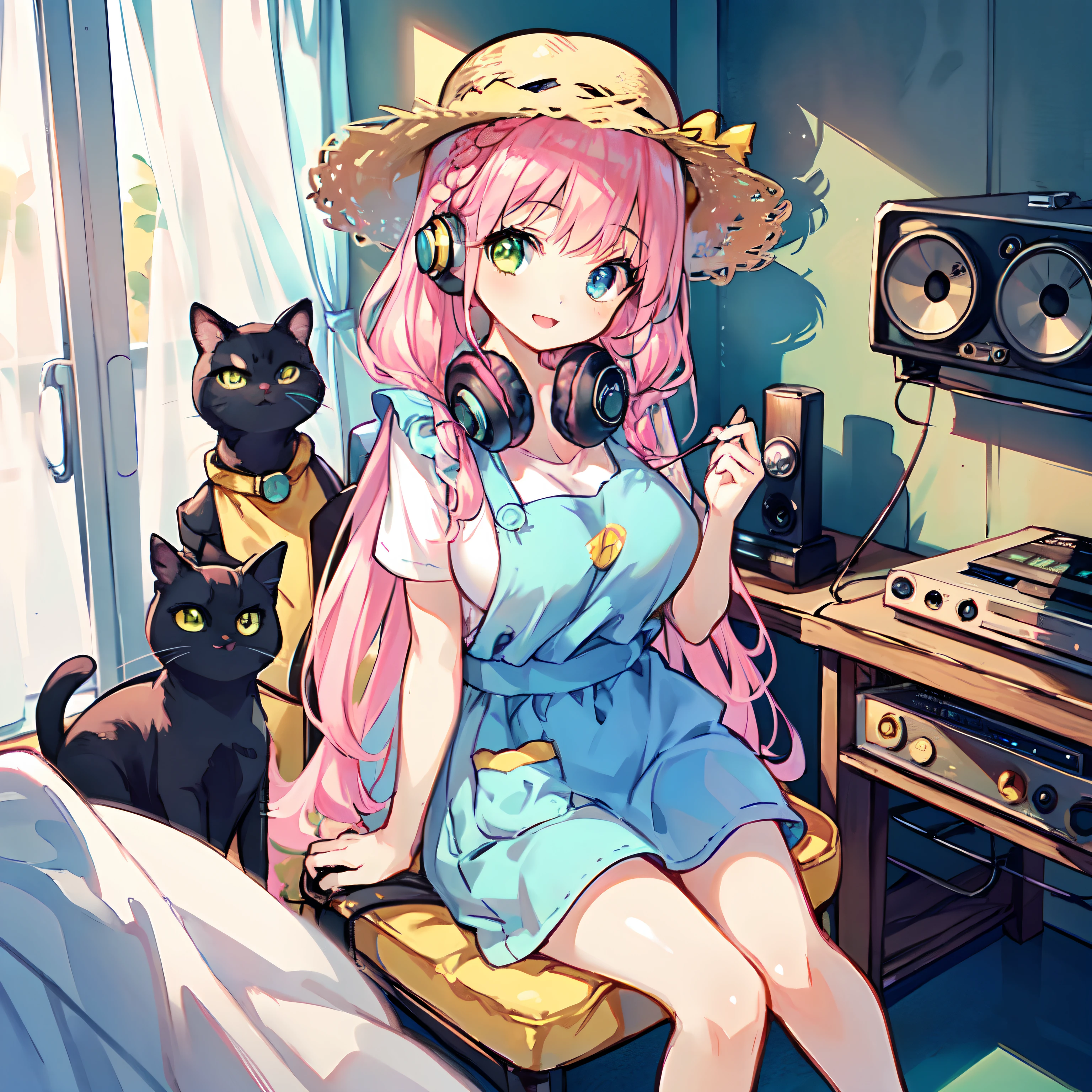 (Very detailed CG Unity 8K wallpaper), (Best Quality), (Super Detail), (Best Illustration), (Best Shadow), POV, Realistic lighting and shading, Natural light, Lens flare effect, BREAK, 1 beautiful girl, Solo,(Cute:1.5),(Chibi:0.8), (kawaii:1.5),(Lori:0.5), BREAK, ( (17 years old girl), Very detailed, colourfull, highest details, BREAK, (Huge breasts: 1. 2,), Clear skin, Beautiful skin, Shy skin, 1 beautiful girl,{Heterochromia,pale blue eyes,pale green eyes:1.5}, star eye silhouette, Break HA , (A pink-haired, Medium length:1.2),(Braided hairstyle:1.1),(Large breasts:1. 5), (long eyelashes, Double eyelids: 1. 2), Solo, gleaming skin, BREAK,(White Plain T-Shirt:1.2), (:D:1.2), (Yellow Long Skirt,Black cat and apron :1.1), (pumps:1.1),(Straw hat with ribbon:1.3),BREAK,(radio, Radio Room, 1 Headphones,inside in room:1.5),Angle from the front, {{strong light coming  in}},,,breasts up,Sitting on a pipe chair