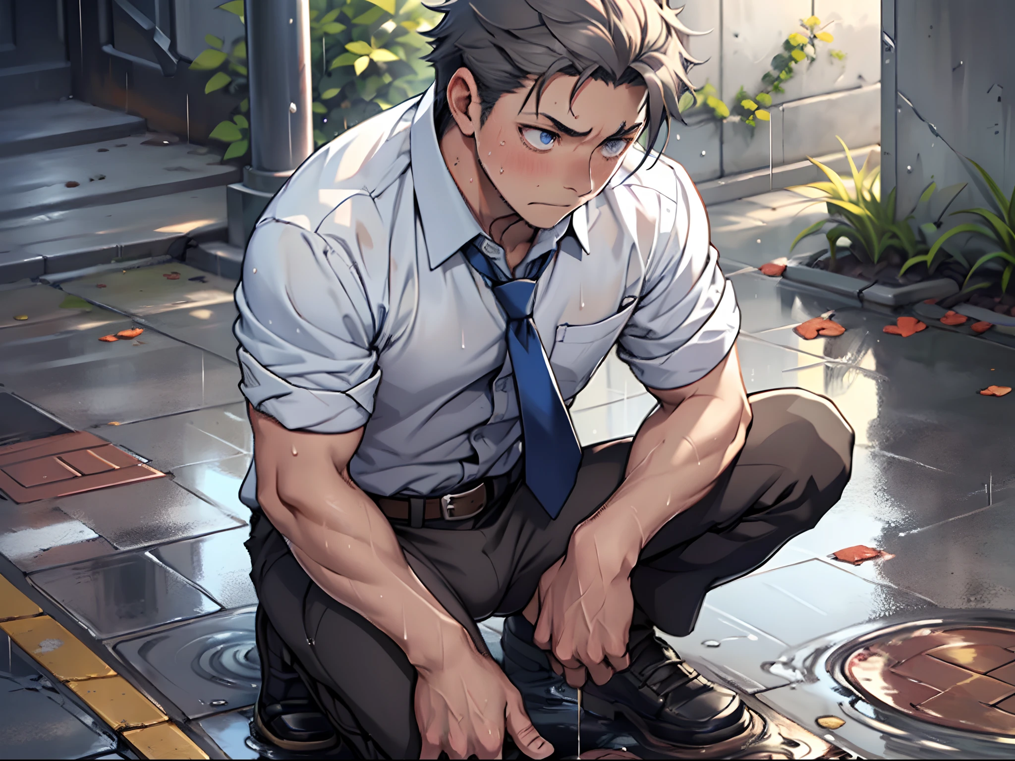 (1 Adult male),A high resolution, Sharp focus, Pixiv masterpiece, ((Complicated details)), highly detailed, natsuki_subaru, 1 man,perfect male figure,Urine on the trouser leg, Nervously bow your head,is shy,embarressed,exhilarated,is shocked,panicking,worry,A pool of urine formed around him,Very eager to pee,Unbearable,Wet yourself,Urine discharge,full bodyesbian,sit astride,Tired,decadent, blue color eyes(eyes glowing), Black hair short hair,white shirt,Wear a tie,Wear a belt,trousers,perspire,Drenched,Get wet,pissing,urine flows down the pants,look from down