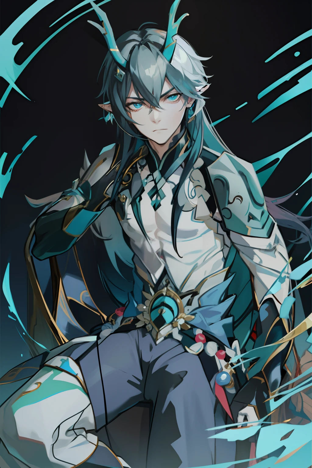 (absurderes,A high resolution,Hyper-detailing,hdr),Dragon's horn,younge boy,tmasterpiece,best qualtiy,1人,独奏,Handsome,Golden eyes,Fine eyes and detailed face,toppless,Tattooed with,arma,seated on a throne,Indifferent and arrogant,Abs,chest muscle,Raised sexy,Ruffian,Show your temperament,Male,masculine appeal,Male characteristics are distinct,Long messy hair,Arrogant,self-assured,Sitting majestically on the throne,Legs crossed,white pantie,supreme,Lazy,Handsome,