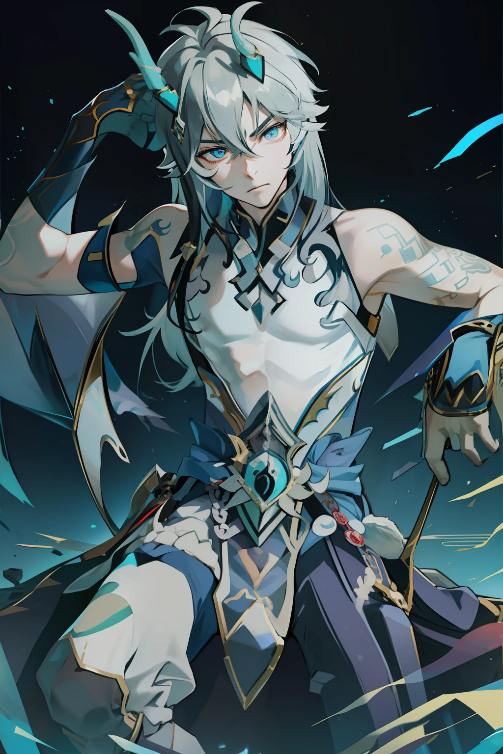 Unleash your artistic prowess and dive into the world of magic and fantasy with an intricately detailed anime-style male character. Picture radiant, multi-colored hair flowing in the wind, piercing, glowing eyes reflecting untamed power, and an elaborate armor adorned with mystical symbols. Let his majestic cape billow dramatically as delicate, ethereal wings sprout from his back. With a staff embedded with pulsating gemstones, surrounded by floating magical orbs and adorned with ornate, enchanted jewelry, this character embodies the grandeur of a mystical realm. Capture every minute detail, from the mysterious arcane markings on his forehead to the intricate tattoos representing elemental forces on his arms. Envelop him in a vibrant, swirling aura as strands of sparkling energy crackle around his fingertips. Imagine a celestial, starry backdrop with galaxies and constellations, complemented by crystalline shards radiating magical energy. Let transparent, shimmering wings of energy extend from his back, while arcane books and scrolls levitate around him, revealing ancient spells and knowledge. Unleash your imagination and bring forth an awe-inspiring masterpiece