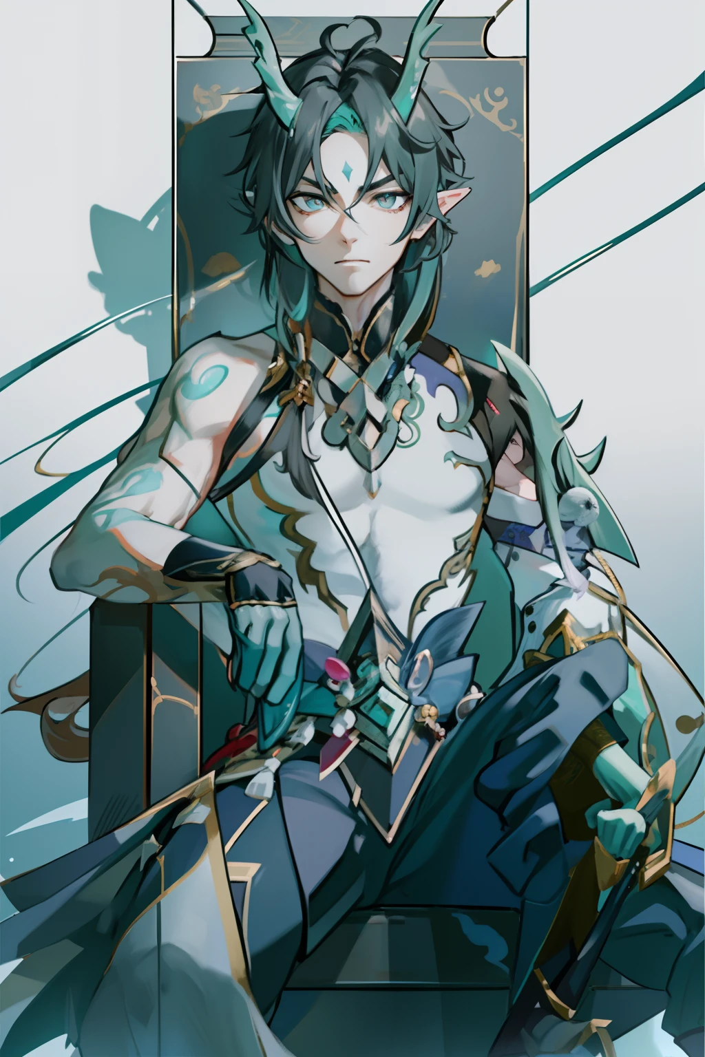 （absurderes，A high resolution，Hyper-detailing，hdr），Dragon's horn，younge boy，tmasterpiece，best qualtiy，1人，独奏，Handsome，Golden eyes，Fine eyes and detailed face，toppless，Tattooed with，arma，seated on a throne，Indifferent and arrogant，Abs，chest muscle，Raised sexy，Ruffian，Show your temperament，Male，masculine appeal，Male characteristics are distinct，Long messy hair，Arrogant，self-assured，Sitting majestically on the throne，Legs crossed，white pantie，supreme，Lazy，Handsome，