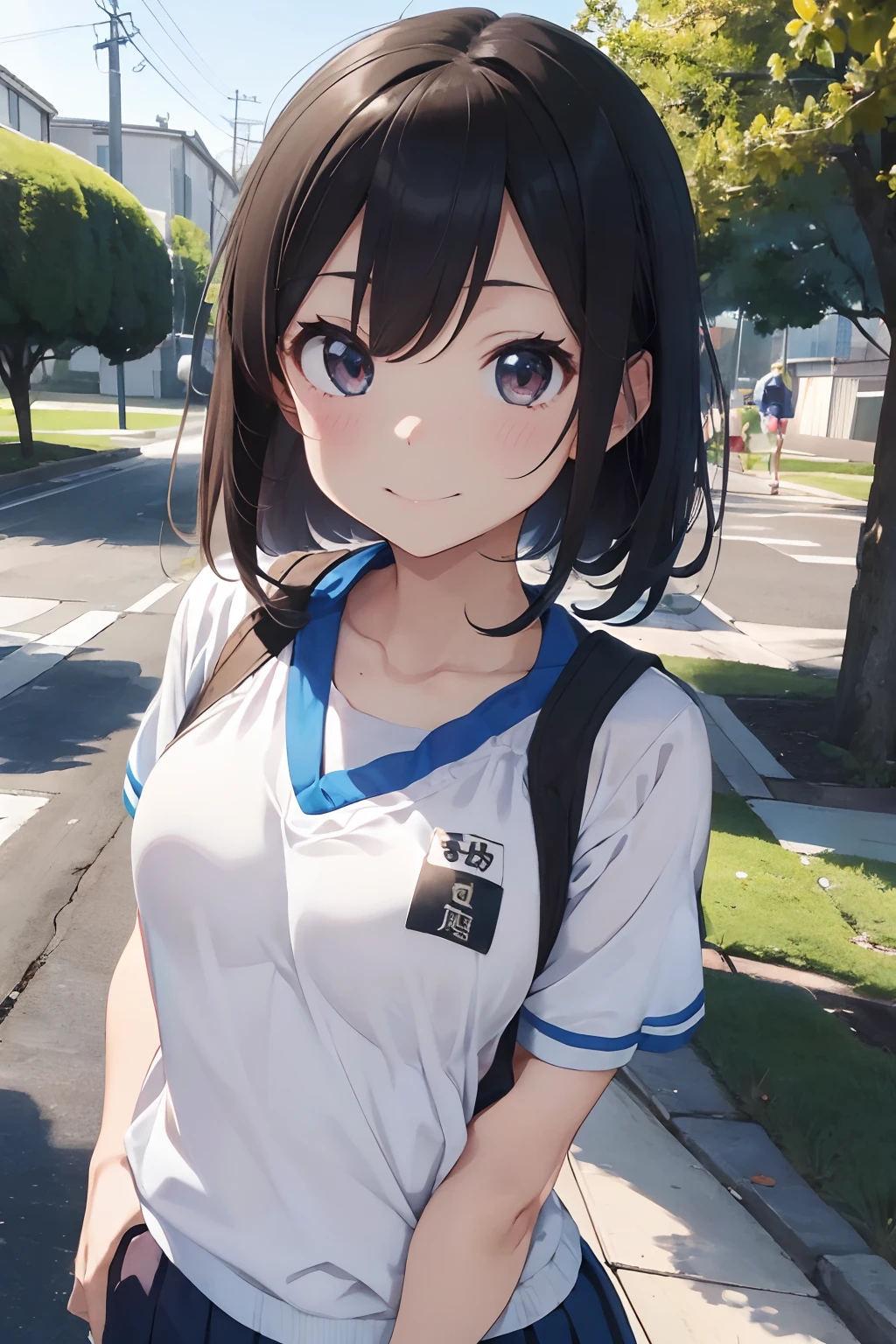 masutepiece, Best Quality, 8K_Wallpaper, (Beautiful eyes), ((Cute)), Cute, (lovely), (Park on a sunny day),1girl in,small tits,1 girl,Standing Girl,Smile,facial close-up、portlate(((Do a marathon)))、(((Jogging)))、((Athletics uniforms))、Wearing a bib number、