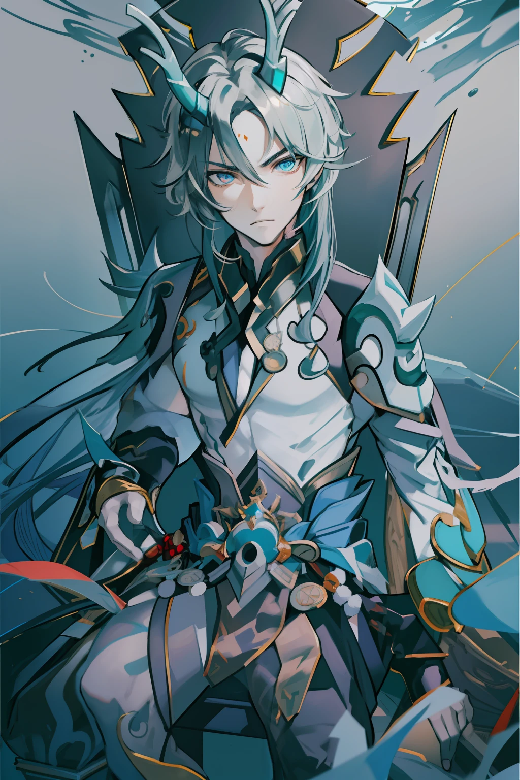 (absurderes,A high resolution,Hyper-detailing,hdr),Dragon's horn,younge boy,tmasterpiece,best qualtiy,1人,独奏,Handsome,Golden eyes,Fine eyes and detailed face,toppless,Tattooed with,arma,seated on a throne,Indifferent and arrogant,Abs,chest muscle,Raised sexy,Ruffian,Show your temperament,Male,masculine appeal,Male characteristics are distinct,Long messy hair,Arrogant,self-assured,Sitting majestically on the throne,Legs crossed,white pantie,supreme,Lazy,Handsome,