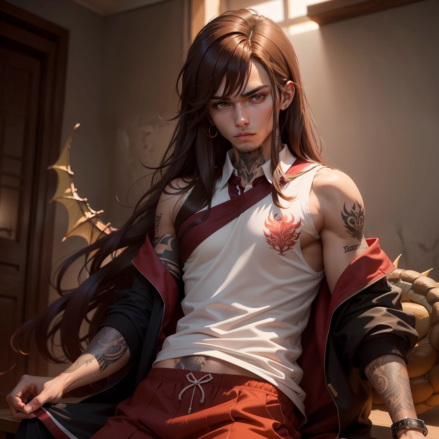 high-level image quality　ember　age19　Brown hair　shoulder-length hair　Semi-long　Red bristles　Eyes are yellow　Wearing a school uniform　I'm rolling up my arms　He has a tattoo of a dragon on his left hand　Bangs are down　Brown skin　Indian descent