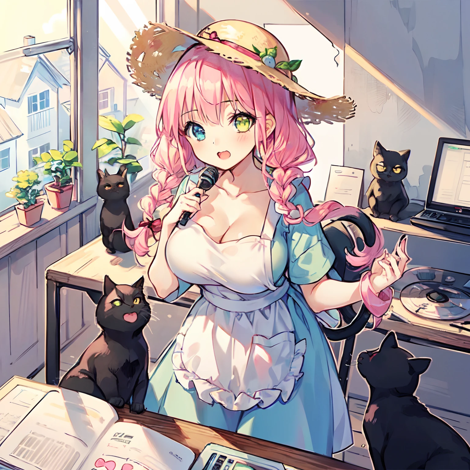 (Very detailed CG Unity 8k wallpaper), (Best Quality), (Super Detail), (Best Illustration), (Best Shadow), POV, Realistic lighting and shading, Natural light, Lens flare effect, BREAK, 1 beautiful girl, Solo,(Cute:1.5),(Chibi:0.8), (kawaii:1.5),(Lori:0.5), BREAK, ( (17 years old girl), Very detailed, colourfull, highest details, BREAK, (Huge breasts: 1. 2,), Clear skin, Beautiful skin, Shy skin, 1 beautiful girl,{Heterochromia,pale blue eyes,pale green eyes:1.5}, star eye silhouette, Break HA , (A pink-haired, Medium length:1.2),(Braided hairstyle:1.1),(Large breasts:1. 5), (long eyelashes, Double eyelids: 1. 2), Solo, gleaming skin, BREAK,(White Plain T-Shirt:1.2), (:C:1.2), (Yellow Long Skirt,Black cat and apron :1.1), (pumps:1.1),(Straw hat with ribbon:1.3),BREAK,(in a house:1.5),Angle from the front, (Radio Studio Background:1.1), One Person, (), (The table,mixer,microphone), ,Open mouth, (Sunlight: 0.3), (Lens Flare: 0.3), (frombelow: 1.25),breasts up