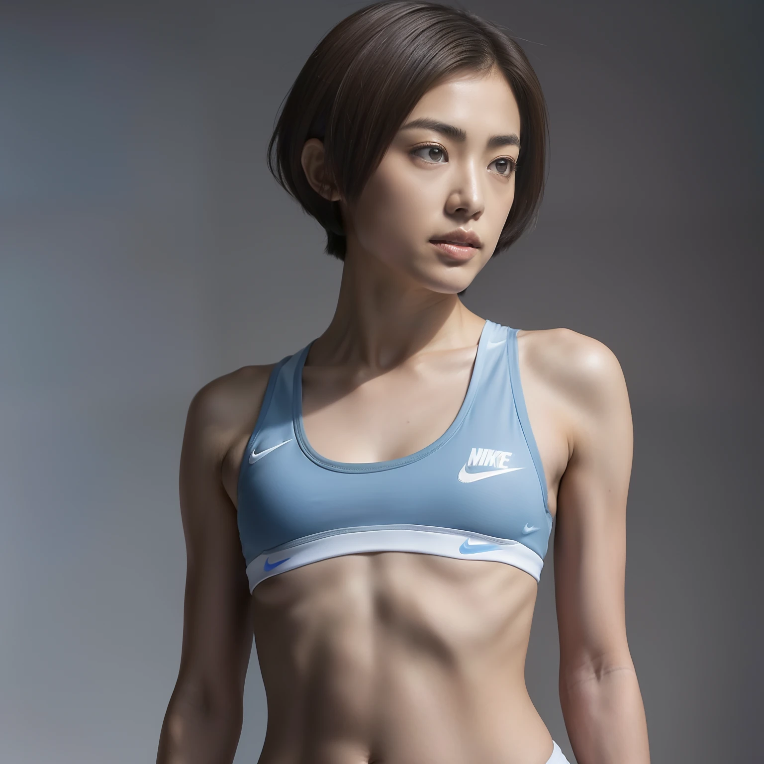 (solo), (a detailed full body RAW photo of a girl), (masterpiece:1.0), (best quality:1.4), (ultra highres:1.2), (photorealistic:1.4), 8k resolution, Canon EOS R5, 30mm, absurdres, ultra detailed, (40year old), sharp focus, cinematic lighting, detailed beautiful face, (no make up:1.2), (ulzzang-6500-v1.1), petite figure, detailed skin texture, flat chest, (skinny and fit body:1.6), detailed brown hair, sweltering,(very short hair:1.5), very thin see-through wear, (very thin blue and gray nike athletic wear for competition:1.5), see-through, low rise, realistic glistening skin, (sweating:1.2), detailed nipples texture, (japanese athlete:1.5), (flat chest:1.2), stylish pose, (full body:1.5), humid, (satomi ishihara:0.7)