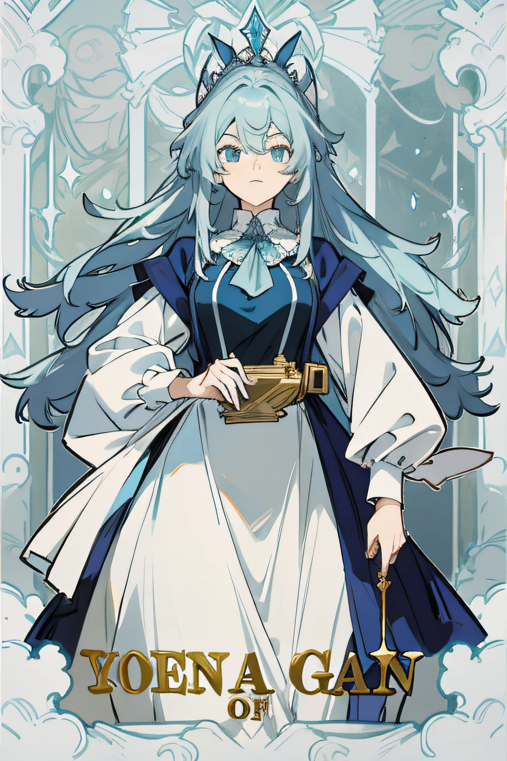 Light blue long-haired female magician,A 20-year-old girl,She is an arrogant aristocratic lady