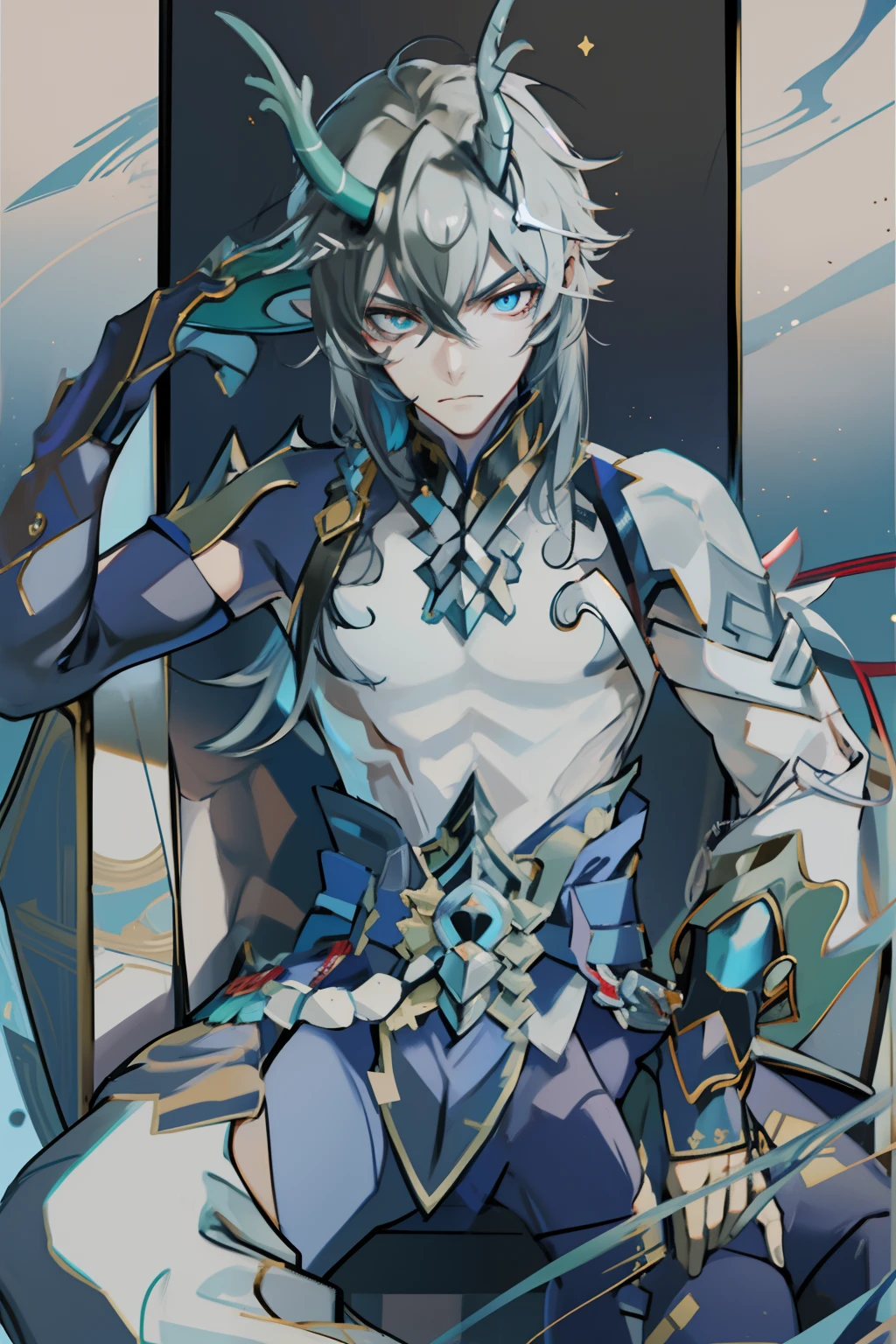(absurderes,A high resolution,Hyper-detailing,hdr),Dragon's horn,younge boy,tmasterpiece,best qualtiy,1人,独奏,Handsome,Golden eyes,Fine eyes and detailed face,toppless,Tattooed with,arma,seated on a throne,Indifferent and arrogant,Abs,chest muscle,Raised sexy,Ruffian,Show your temperament,Male,masculine appeal,Male characteristics are distinct,Long messy hair,Arrogant,self-assured,Sitting majestically on the throne,Legs crossed,white pantie,supreme,Lazy,Handsome,