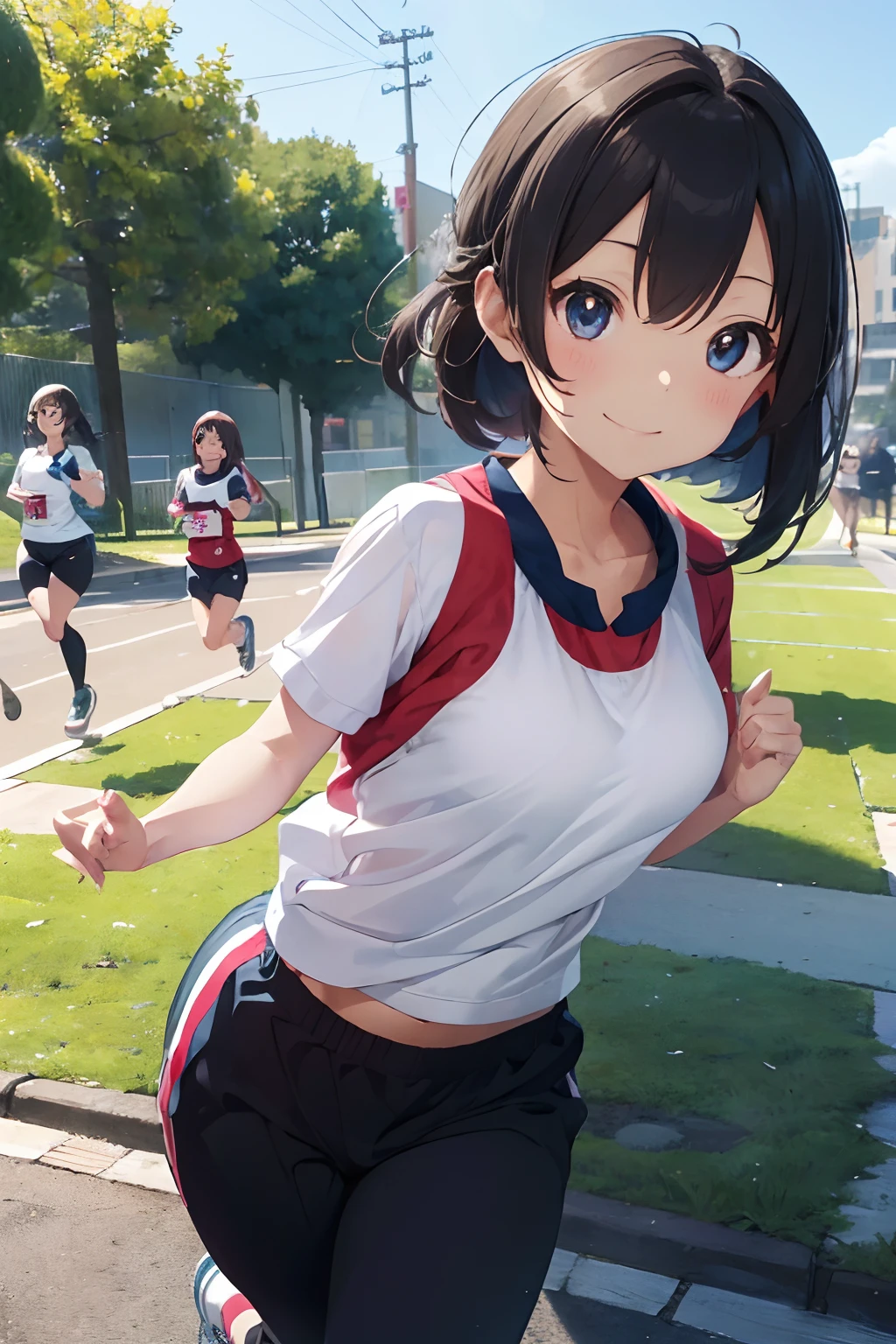 masutepiece, Best Quality, 8K_Wallpaper, (Beautiful eyes), ((Cute)), Cute, (lovely), (Park on a sunny day),1girl in,small tits,1 girl,Standing Girl,Smile,facial close-up、portlate(((Do a marathon)))、(((Jogging)))、((Athletics uniforms、half-pants))、posterior view