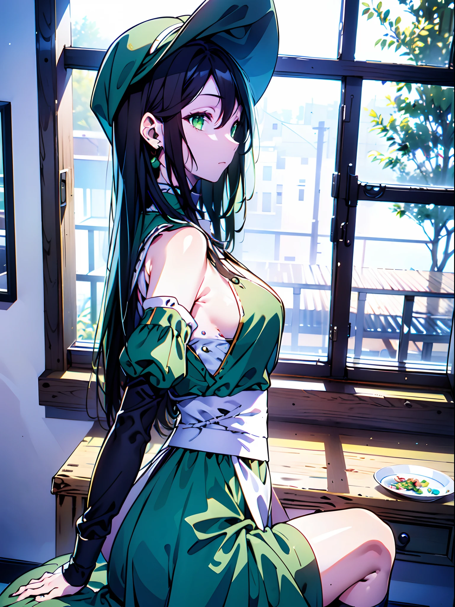 (masterpiece:1.2), (pale skin:1.2), (8k:1.2), (solo:1.2), (female:1.4), (long hair:1.1), (black hair:1.4), (green eyes:1.1), (maid outfit:1.3), bare shoulders, headwear, (interior:1.1), (bored:1.3), (from side:1.1), (straight hair:1.1)