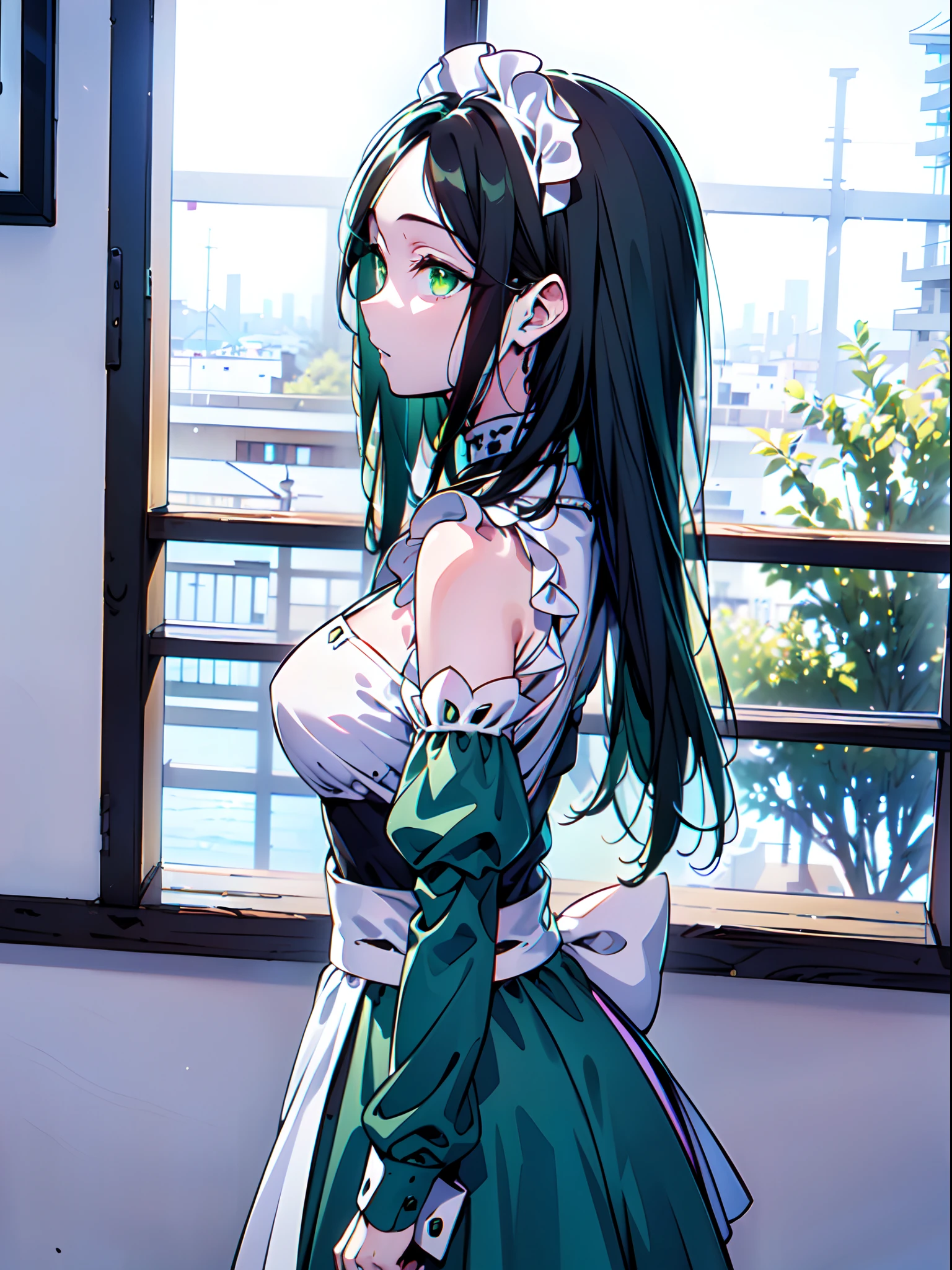 (masterpiece:1.2), (pale skin:1.2), (8k:1.2), (solo:1.2), (female:1.4), (long hair:1.1), (black hair:1.4), (green eyes:1.1), (maid outfit:1.3), bare shoulders, headwear, (interior:1.1), (bored:1.3), (from side:1.1), (straight hair:1.1)