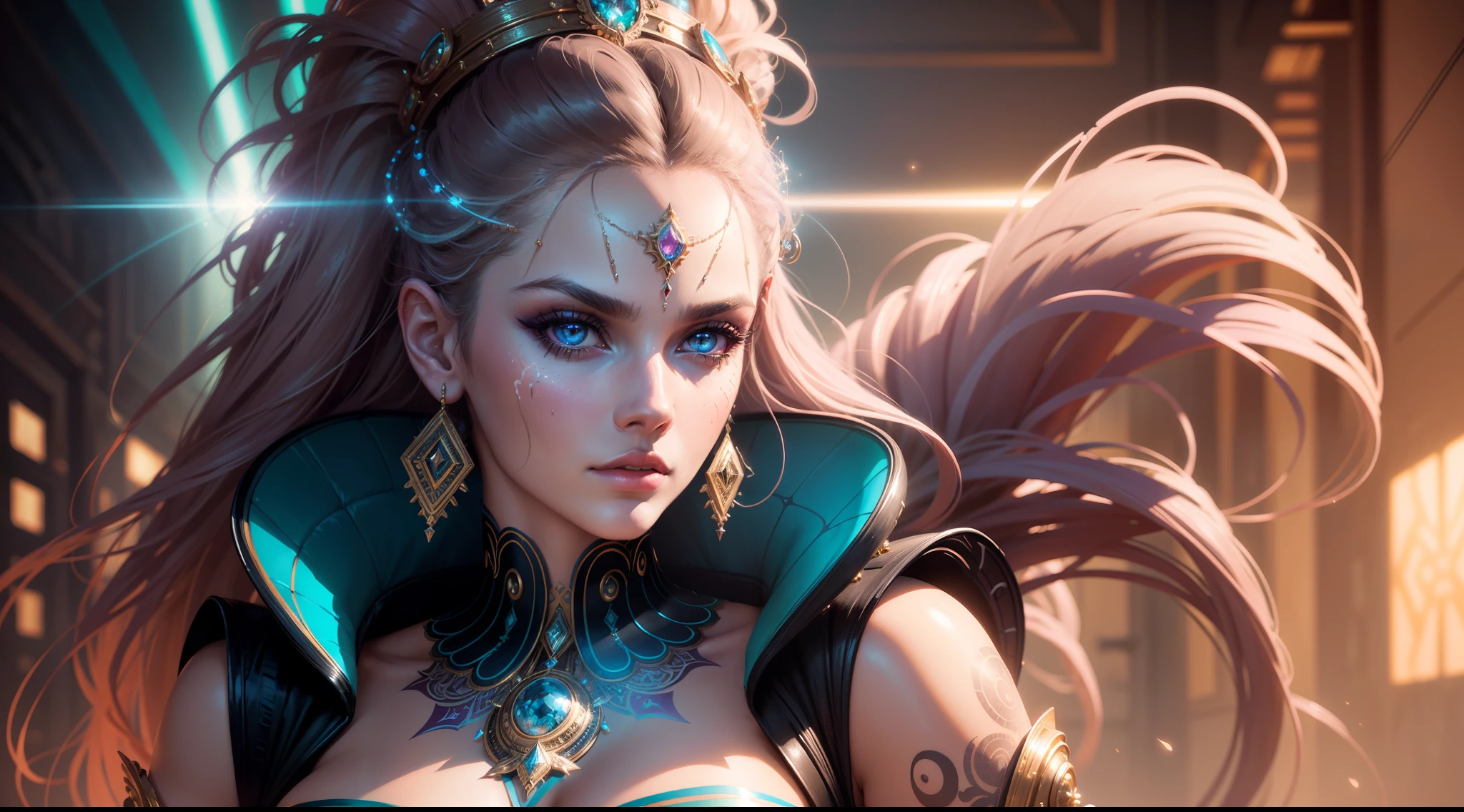 (swpunk style:1) synthwave portrait of a woman as a beautiful goddess, light rays, light bands, lightgeo, beautiful intricate filegrid facepaint, intricate, elegant, highly detailed, digital painting, concept art, haute couture, highly detailed, ornate, vogue, smooth, sharp focus, cohesive, 8K HD