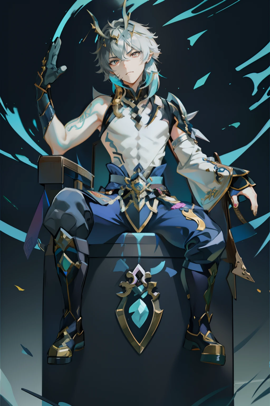 （absurderes，A high resolution，Hyper-detailing，hdr），Dragon's horn，younge boy，tmasterpiece，best qualtiy，1人，独奏，Handsome，Golden eyes，Fine eyes and detailed face，toppless，Tattooed with，arma，seated on a throne，Indifferent and arrogant，Abs，chest muscle，Raised sexy，Ruffian，Show your temperament，Male，masculine appeal，Male characteristics are distinct，Long messy hair，Arrogant，self-assured，Sitting majestically on the throne，Legs crossed，white pantie，supreme，Lazy，Handsome，