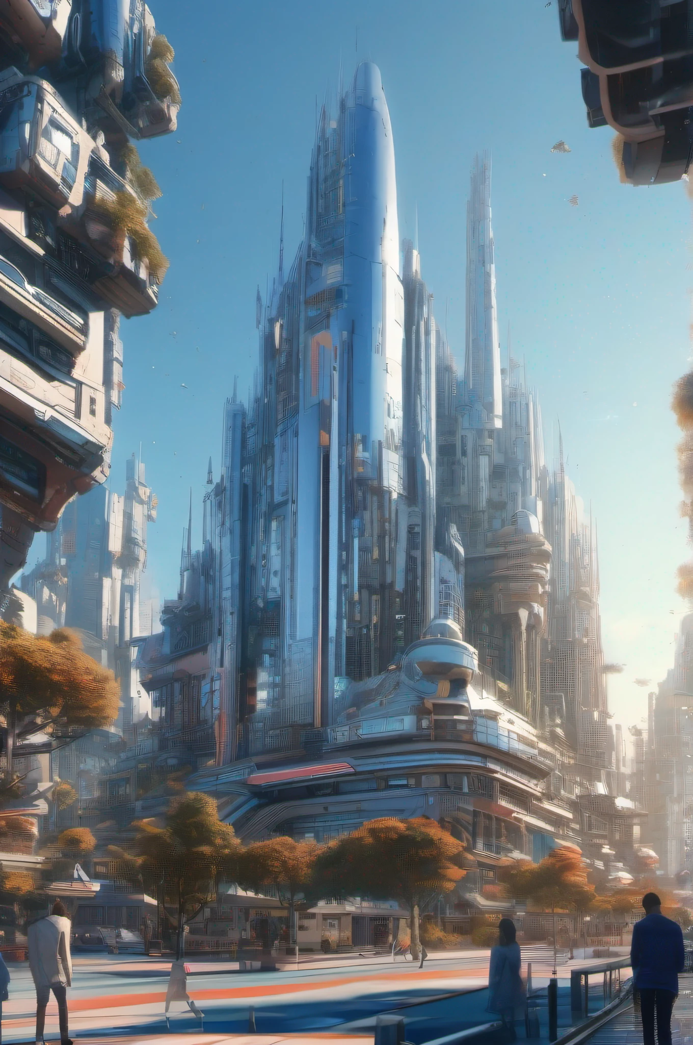Orthographic Futuristic city at daytime, intricate details, vibrant, clear blue sky, metallic buildings. art by TsutomuNihei, JohnBerkey and ChrisFoss. UHD, 4k, Redshift render