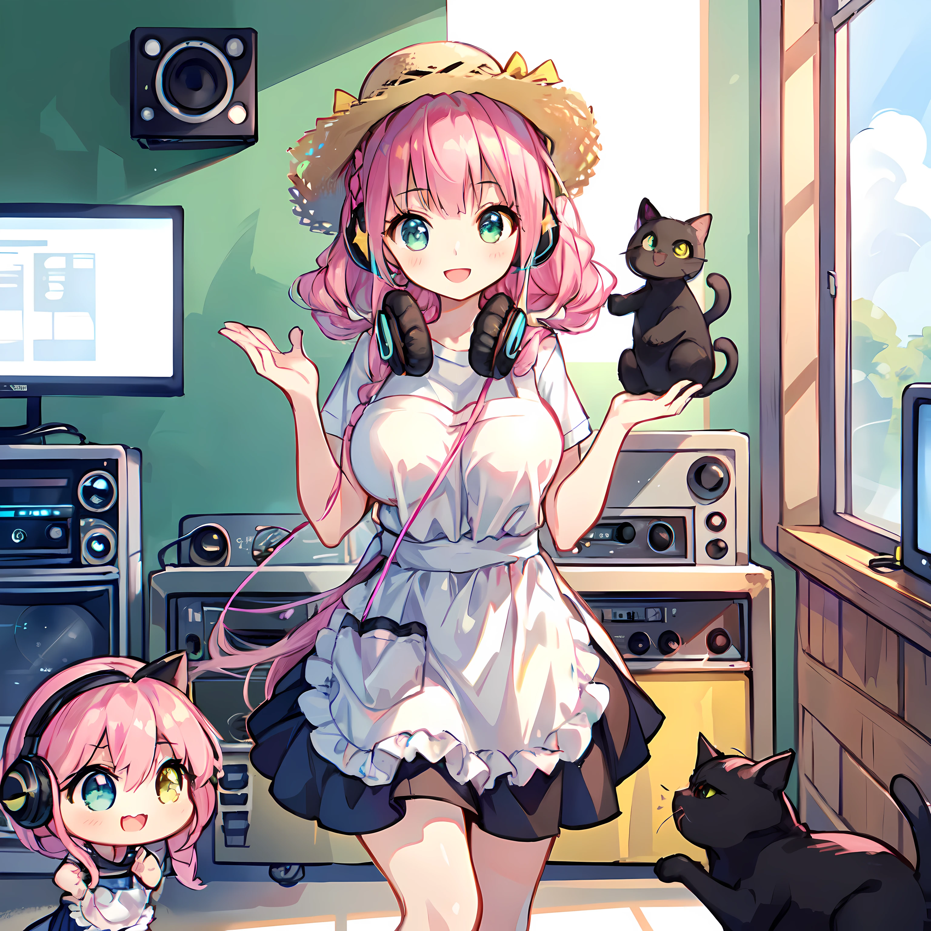 (Very detailed CG Unity 8K wallpaper), (Best Quality), (Super Detail), (Best Illustration), (Best Shadow), POV, Realistic lighting and shading, Natural light, Lens flare effect, BREAK, 1 beautiful girl, Solo,(Cute:1.5),(Chibi:0.8), (kawaii:1.5),(Lori:0.5), BREAK, ( ( girl), Very detailed, colourfull, highest details, BREAK, (Huge breasts: 1. 2,), Clear skin, Beautiful skin, Shy skin, 1 beautiful girl,{Heterochromia,pale blue eyes,pale green eyes:1.5}, star eye silhouette, Break HA , (A pink-haired, Medium length:1.2),(Braided hairstyle:1.1),(Large breasts:1. 5), (long eyelashes, Double eyelids: 1. 2), Solo, gleaming skin, BREAK,(White Plain T-Shirt:1.2), (:D:1.2), (Yellow Long Skirt,Black cat and apron :1.1), (pumps:1.1),(Straw hat with ribbon:1.3),BREAK,(radio, Radio Room, 1 Headphones,inside in room:1.5),Angle from the front, {{strong light coming in}},,,breasts up