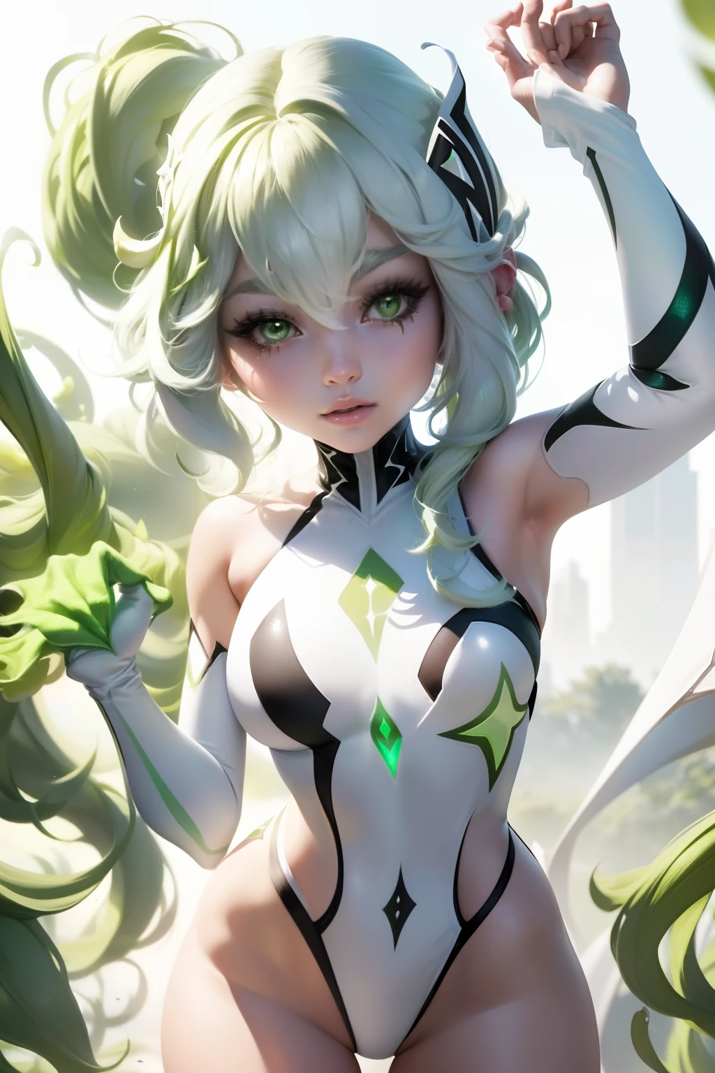 "((best quality,best ilumination)), Cute model with long white hair and athletic body, abdomen detalhado (((vestindo a SPIDER-GWEN))), seios acentuados e destacados, dynamic pose, fundo colorido, high saturation, luzes vibrantes." ((corpo inteiro)) (((Cabelo branco e verde))) ((detailed hands))