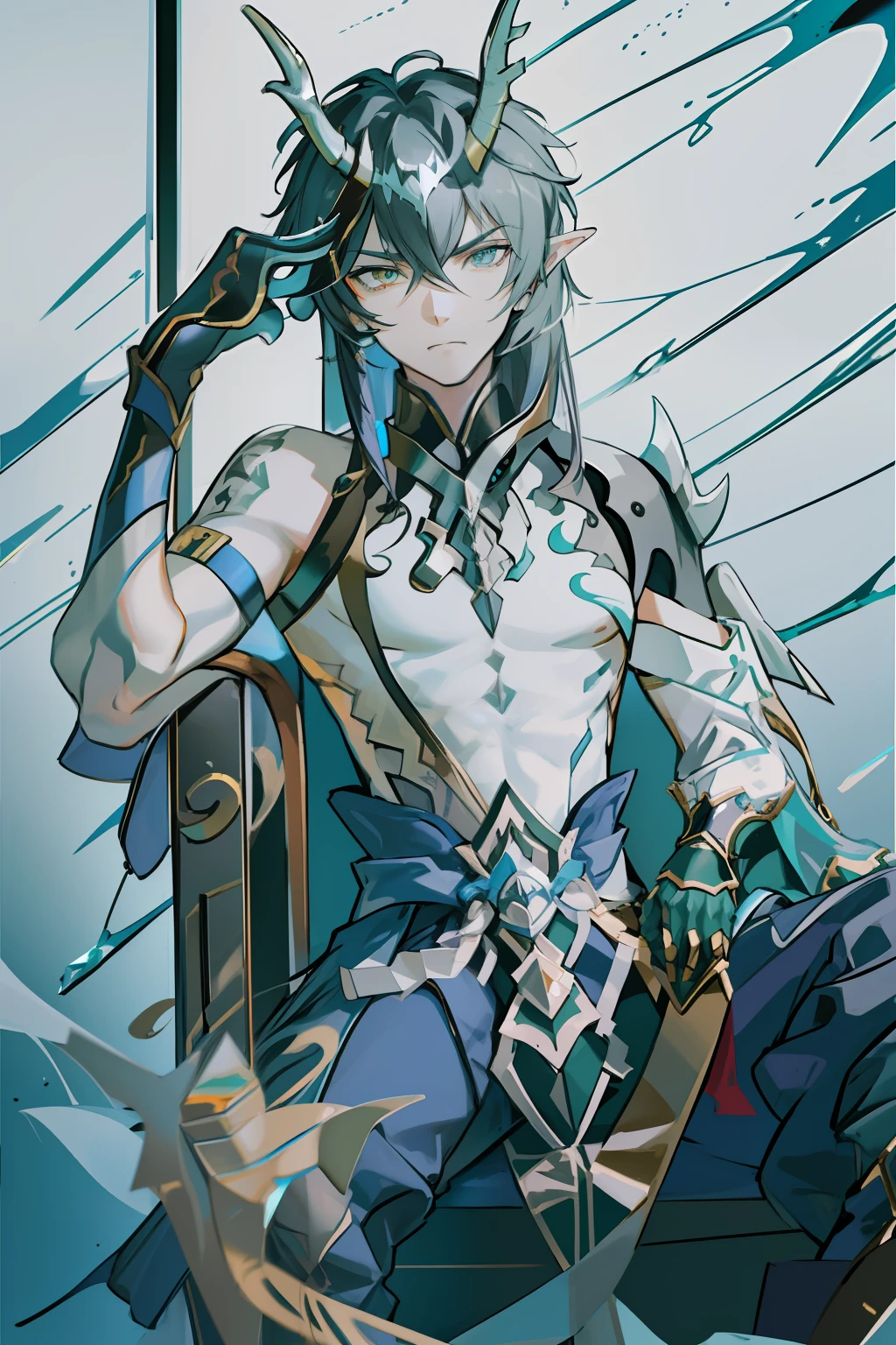 (absurderes,A high resolution,Hyper-detailing,hdr),Dragon's horn,younge boy,tmasterpiece,best qualtiy,1人,独奏,Handsome,Golden eyes,Fine eyes and detailed face,toppless,Tattooed with,arma,seated on a throne,Indifferent and arrogant,Abs,chest muscle,Raised sexy,Ruffian,Show your temperament,Male,masculine appeal,Male characteristics are distinct,Long messy hair,Arrogant,self-assured,Sitting majestically on the throne,Legs crossed,white pantie,supreme,Lazy,Handsome,