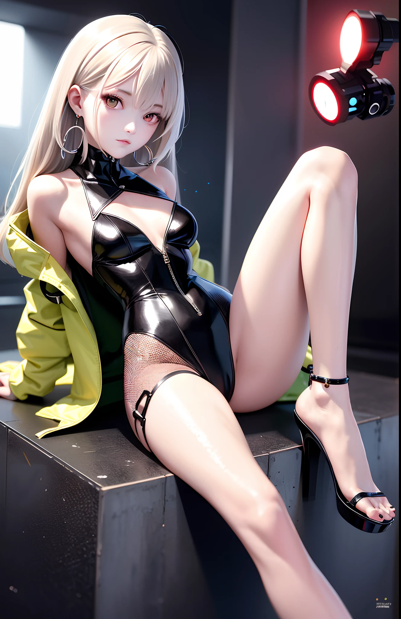 optimum,tmasterpiece,A high resolution,best qualtiy,hyper HD,super detailing,Award-Awarded,16k,独奏,(The upper part of the body),anatomy correct,Beautiful cyberpunk girl,Ex Machina,cute face,high light,Gradient Beige Hair,Hairline,((Scarlet eyes)),long eyelasher,Hanging eye corners,White skin of the,(small boobs),(Slim body),((raincoat)),((high-waist_Skirt)),(),ear studs,(neck rings),(Laser material clothing:1.2)