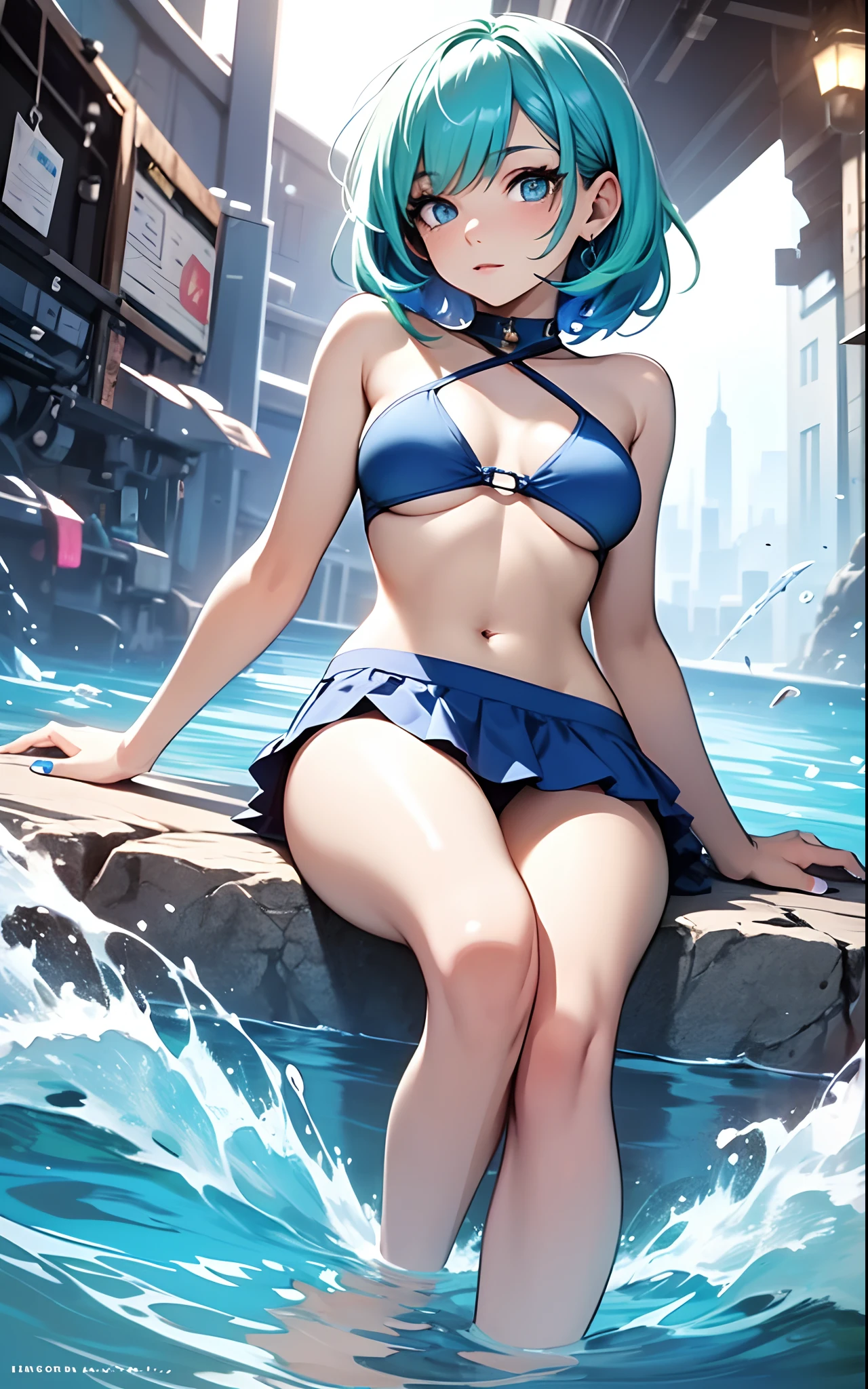 best qualityer,tmasterpiece,Ultimate resolution,downy,Extremely colorful,Colorful,waters,Sexy beauty,Short blue-green hair,a matural female,blue bikini,Crop topping,short skirt,Bare legged,Barefoot,Blue manicure,Normal posture