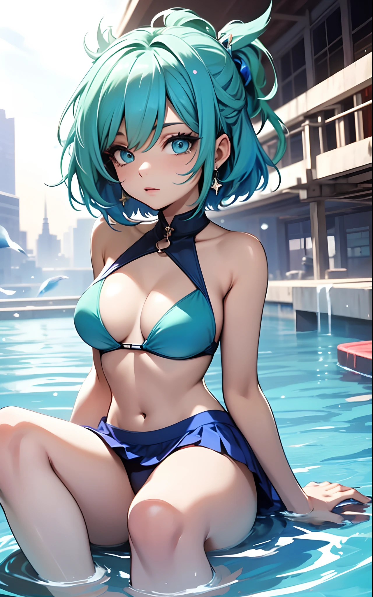 best qualityer,tmasterpiece,Ultimate resolution,downy,Extremely colorful,Colorful,waters,Sexy beauty,Short blue-green hair,a matural female,blue bikini,Crop topping,short skirt,Bare legged,Barefoot,Blue manicure,Normal posture