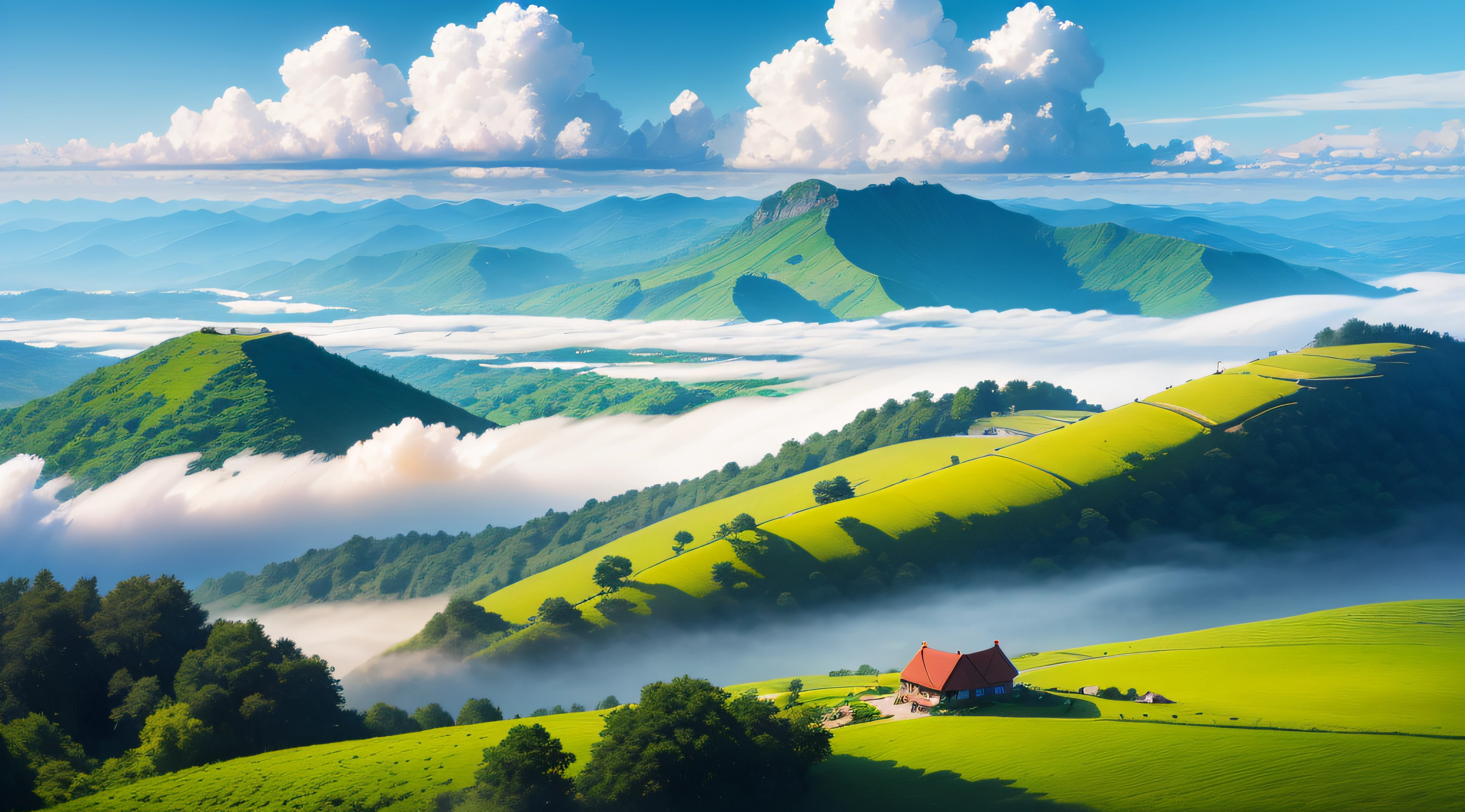 Summer solstice, green mountains, green mountains, clouds, smoke, fairy fog, terraced fields, farmhouses