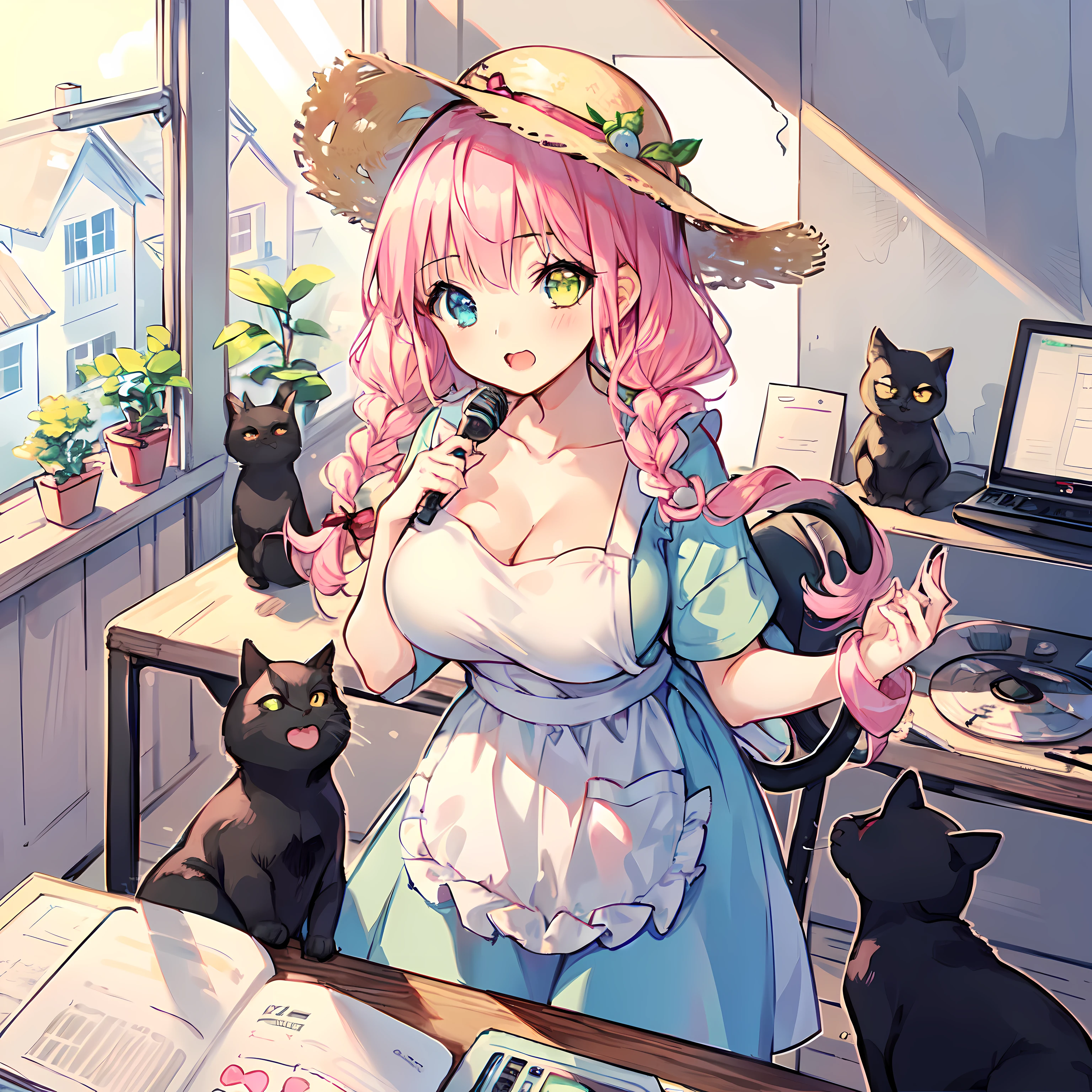(Very detailed CG Unity 8k wallpaper), (Best Quality), (Super Detail), (Best Illustration), (Best Shadow), POV, Realistic lighting and shading, Natural light, Lens flare effect, BREAK, 1 beautiful girl, Solo,(Cute:1.5),(Chibi:0.8), (kawaii:1.5),(Lori:0.5), BREAK, ( ( girl), Very detailed, colourfull, highest details, BREAK, (Huge breasts: 1. 2,), Clear skin, Beautiful skin, Shy skin, 1 beautiful girl,{Heterochromia,pale blue eyes,pale green eyes:1.5}, star eye silhouette, Break HA , (A pink-haired, Medium length:1.2),(Braided hairstyle:1.1),(Large breasts:1. 5), (long eyelashes, Double eyelids: 1. 2), Solo, gleaming skin, BREAK,(White Plain T-Shirt:1.2), (:C:1.2), (Yellow Long Skirt,Black cat and apron :1.1), (pumps:1.1),(Straw hat with ribbon:1.3),BREAK,(in a house:1.5),Angle from the front, (Radio Studio Background:1.1), One Person, (), (The table,mixer,microphone), ,Open mouth, (Sunlight: 0.3), (Lens Flare: 0.3), (frombelow: 1.25),breasts up