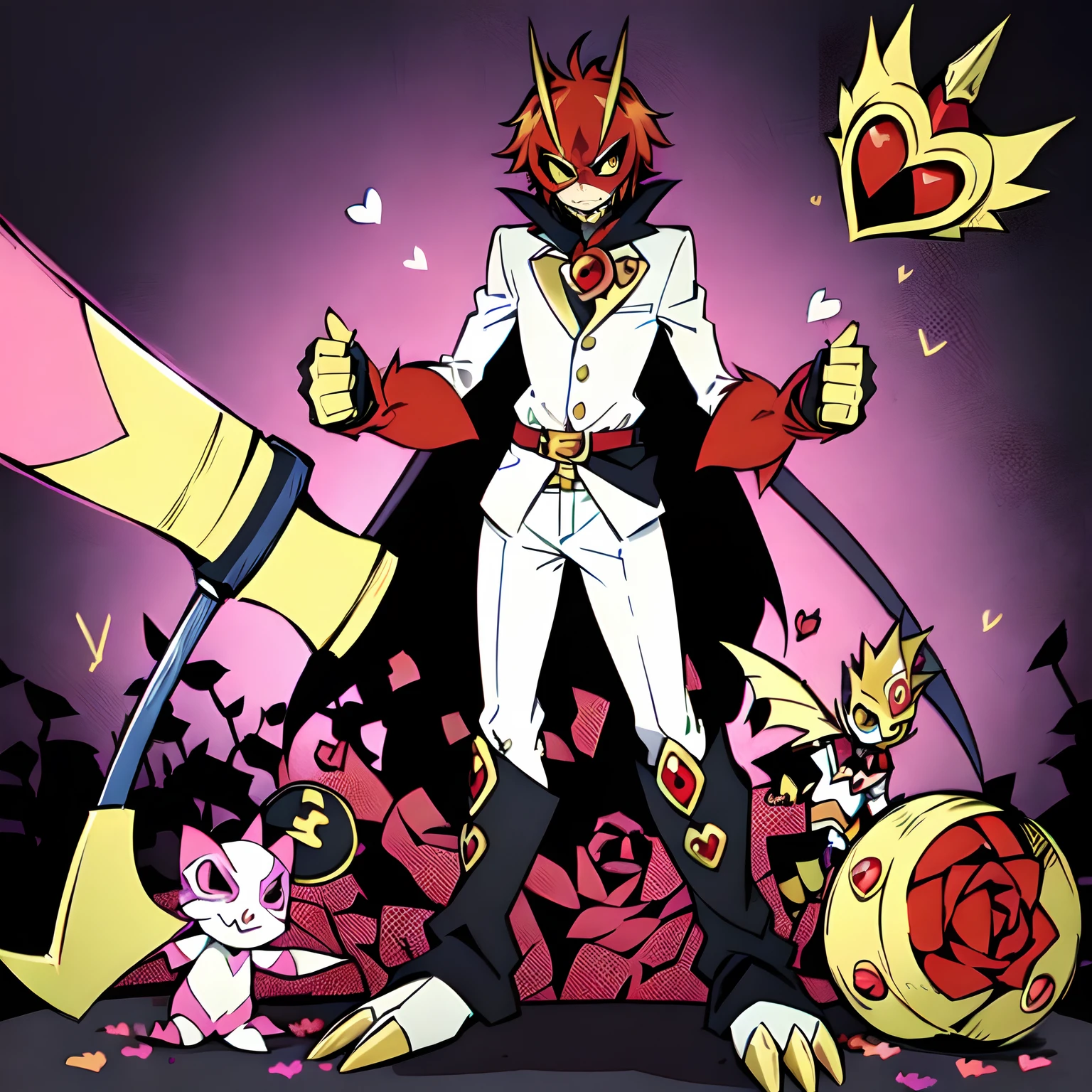 ((masterpiece, best quality:1.2), solo, male focus, ((1boy)), ((riddle rosehearts as a Digimon 1.0)), ((Evil)),angry, ,Crazed look, looking down at viewer,(( holding an Ax)), emini crown, white shirt, cape, Pants ((white , black ,red and gold color scheme:1.4)),(( pink skin)),((queen of hearts themed 1.1)), ((rose monster)), fairy ,digimon \(creature\),(( Lilimon inspired:1.5 )),(( mouth covered by mask)),((broken heart Details)) Attacking, Dynamic pose