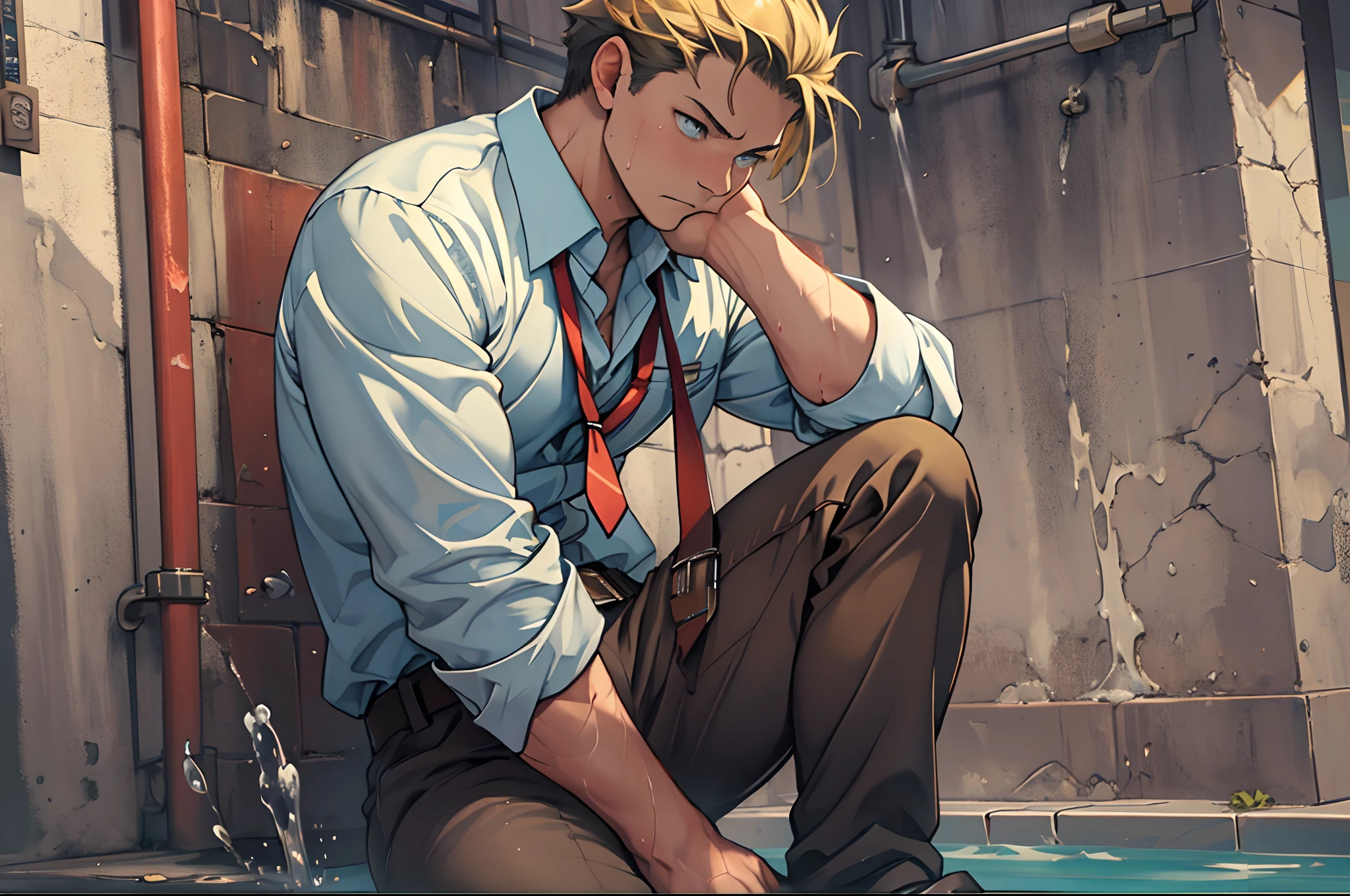 (1 Adult male),A high resolution, Sharp focus, Pixiv masterpiece, ((Complicated details)), highly detailed, natsuki_subaru, 1 man,perfect male figure,Urine on the trouser leg, Nervously bow your head,is shy,embarressed,exhilarated,is shocked,panicking,worry,A pool of urine formed around him,Very eager to pee,Unbearable,Wet yourself,Urine discharge,full bodyesbian,sit astride,Tired,decadent, blue color eyes(eyes glowing), Short yellow hair,white shirt,Wear a tie,Wear a belt,trousers,perspire,Drenched,Get wet,pissing,urine flows down the pants,look from down