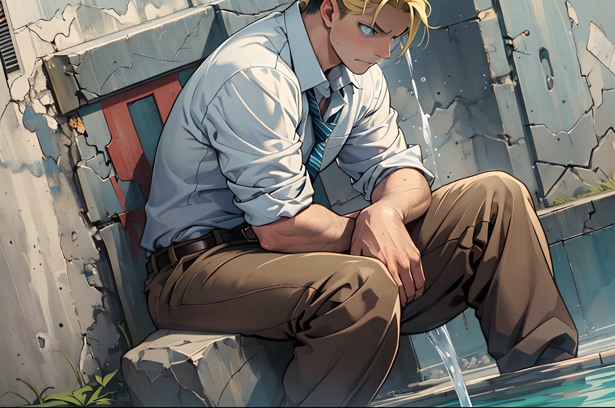 (1 Adult male),A high resolution, Sharp focus, Pixiv masterpiece, ((Complicated details)), highly detailed, natsuki_subaru, 1 man,perfect male figure,Urine on the trouser leg, Nervously bow your head,is shy,embarressed,exhilarated,is shocked,panicking,worry,A pool of urine formed around him,Very eager to pee,Unbearable,Wet yourself,Urine discharge,full bodyesbian,sit astride,Tired,decadent, blue color eyes(eyes glowing), Short yellow hair,white shirt,Wear a tie,Wear a belt,trousers,perspire,Drenched,Get wet,pissing,urine flows down the pants,look from down
