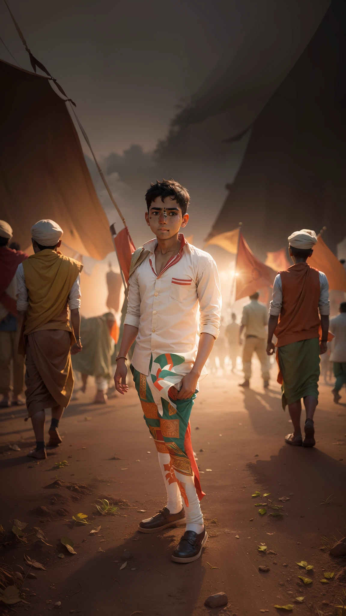 Change the background and make a young boy, holding an Indian flag in hand
