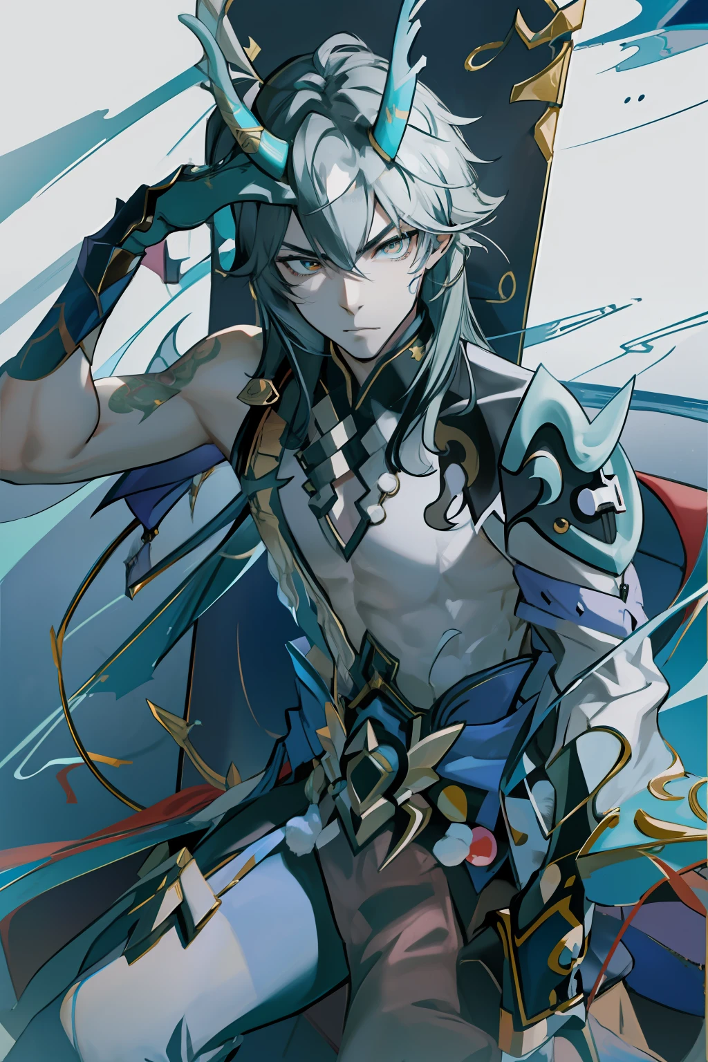 （absurderes，A high resolution，Hyper-detailing，hdr），Dragon's horn，younge boy，tmasterpiece，best qualtiy，1人，独奏，Handsome，Golden eyes，Fine eyes and detailed face，toppless，Tattooed with，arma，seated on a throne，Indifferent and arrogant，Abs，chest muscle，Raised sexy，Ruffian，Show your temperament，Male，masculine appeal，Male characteristics are distinct，Long messy hair，Arrogant，self-assured，Sitting majestically on the throne，Legs crossed，white pantie，supreme，Lazy，Handsome，