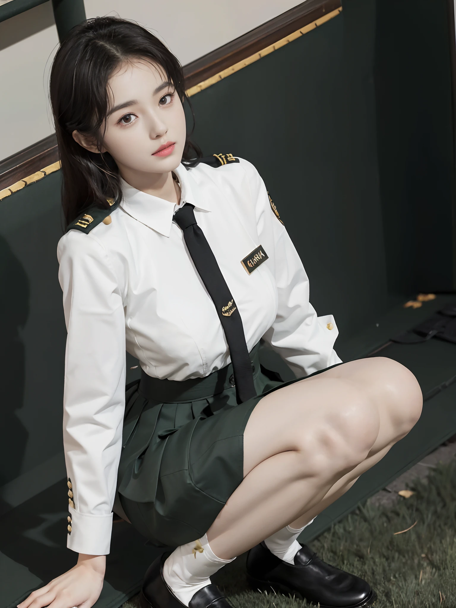Very detailed CG unity 8K wallpaper，（tmasterpiece），（best qualtiy），（ultra - detailed），（Ultra photo realsisim），（best character detail：1.36），Nikon D750 f / 1.4 55mm，profesional lighting， physically-based renderingt, 1girll, Female soldier，army suit，Green military uniform，Fabric texture military uniform，Dark green tie，Army green skirt，military hat，Black hair，the golden ratio,[:(com rosto detalhado:1.2):0.2]:,PureErosFace_V1, broad shoulder,(Bigchest:1.5),(big assa:1.5)，Wide buttock ，Bare legged，Plump legs，Move the center of gravity back，Squat on the grass，Spread your legs apart，The skirt covers the bottom of the skirt，whitestocking，Small black leather shoes，hands lying on thighs，Soaked with sweat，red flags，At the cafe，Night Street，bright sun，Look at the audience from the front，Bright smile，White teeth，lighting，Contre-Jour，