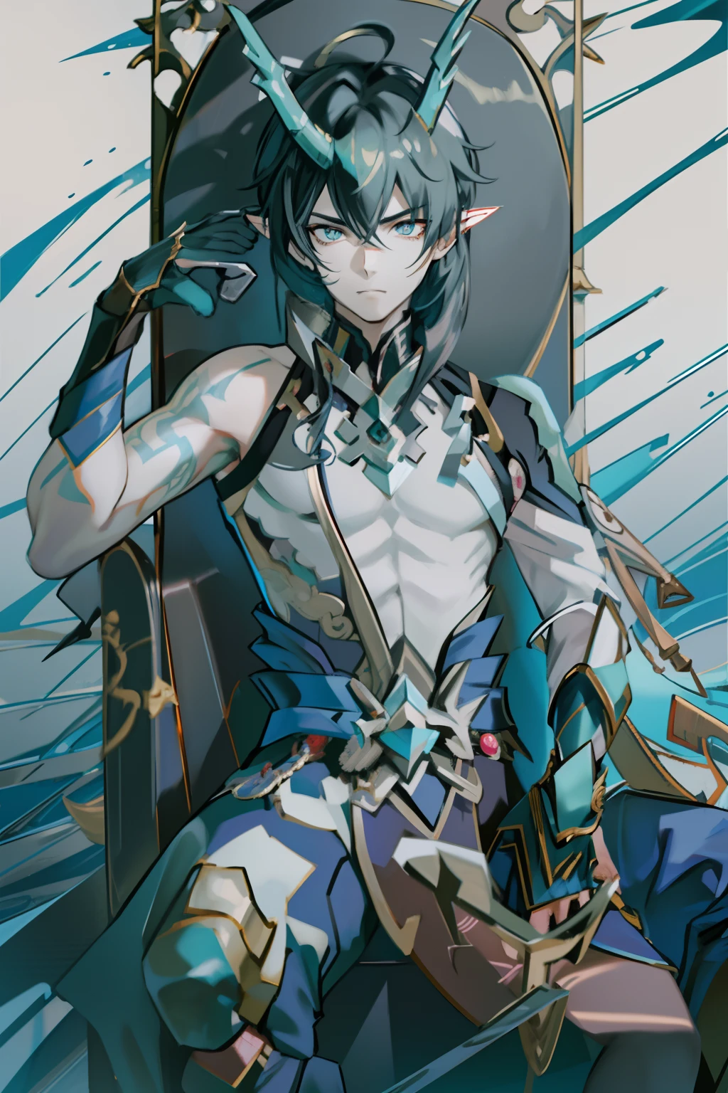 (absurderes,A high resolution,Hyper-detailing,hdr),Dragon's horn,tmasterpiece,best qualtiy,1人,独奏,Handsome,Golden eyes,Fine eyes and detailed face,toppless,Tattooed with,arma,seated on a throne,pervert smirk,Abs,chest muscle,Raised sexy,Ruffian,Show your temperament,Male,masculine appeal,Male characteristics are distinct,