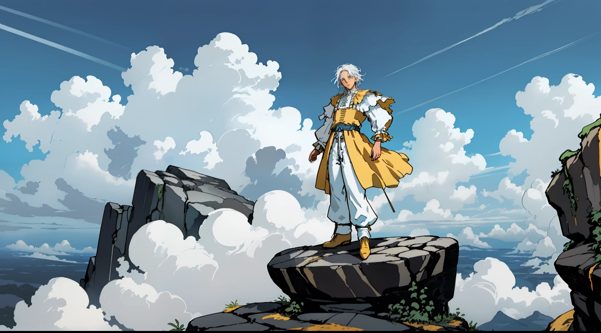 dutch angle, A young man with white hair and blue eyes with very old dresses and wearing pants stand alone on top of the rock and looking to clouds, In ancient times, yellow old dresses